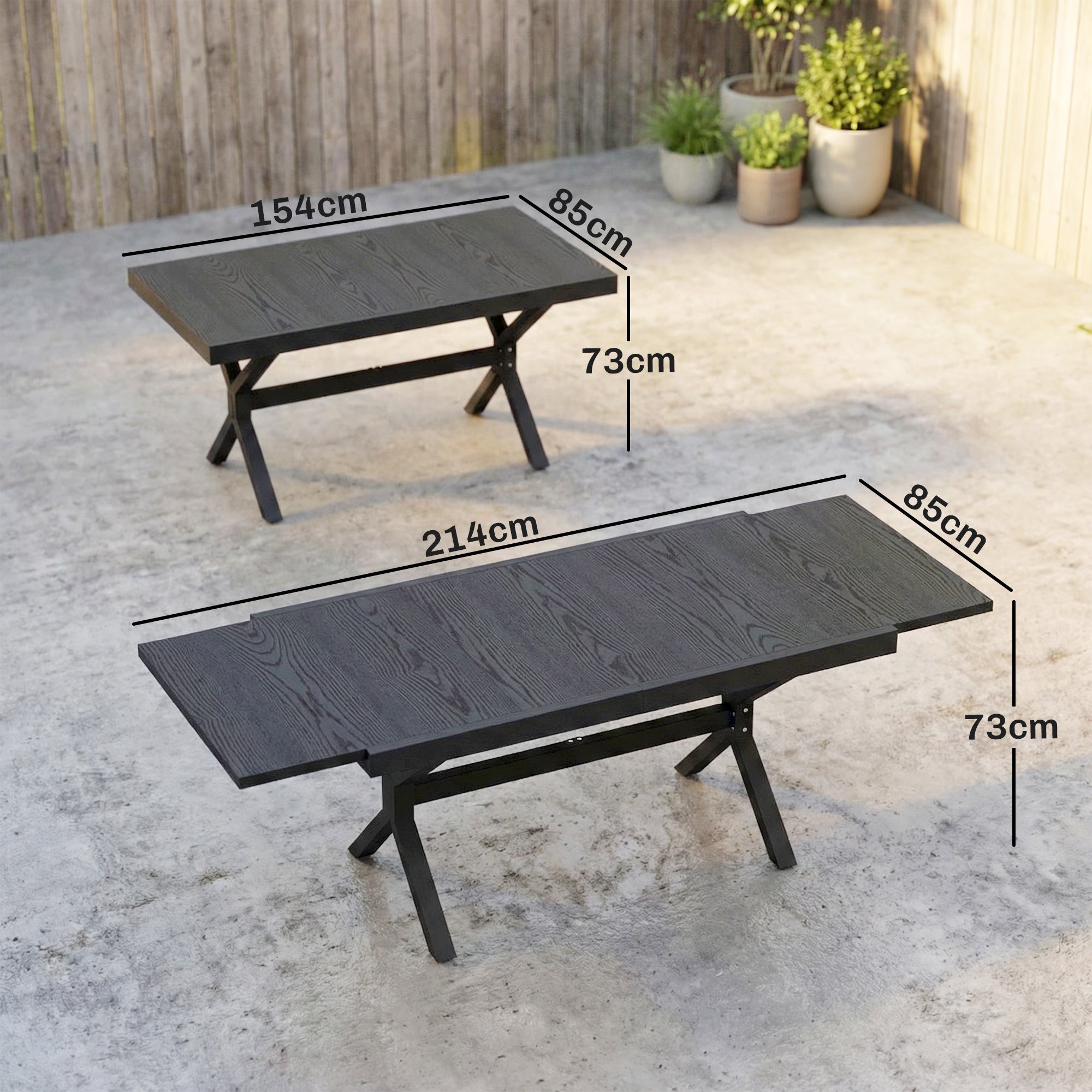Outsunny Mesa de Jardín Extensible con Superficie de Aluminio, 154/214x85 cm, Mesa de Comedor Exterior Extensible Rectangular con Imitación Madera para 8-10 Personas, para Patio, Terraza, Gris Oscuro