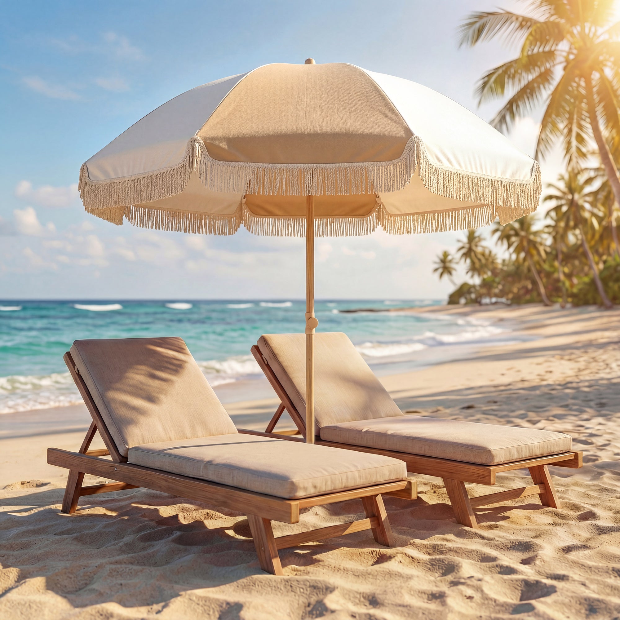 Outsunny Sombrilla de Playa con Flecos Ø175 cm, Sombrilla de Terraza Exterior con Altura Ajustable, Inclinación 30°, Anclaje Arena, UPF30+ y Bolsa de Transporte, Blanco y Beige