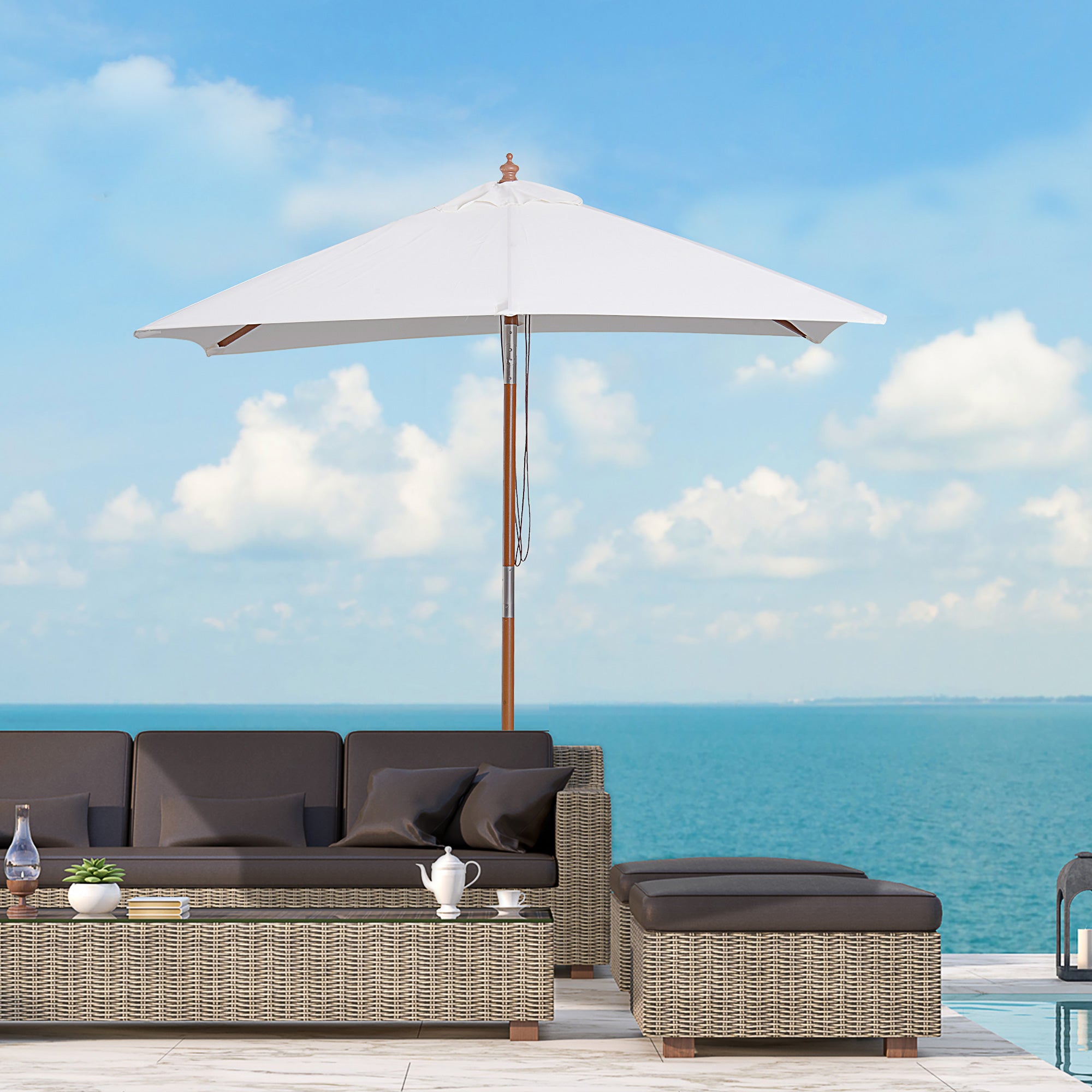 Outsunny Sombrilla Terraza Exterior 200x150 cm Sombrilla de Jardín Rectangular con Ángulo Ajustable Mástil de Madera y Manivela Parasol para Patio Terraza Crema