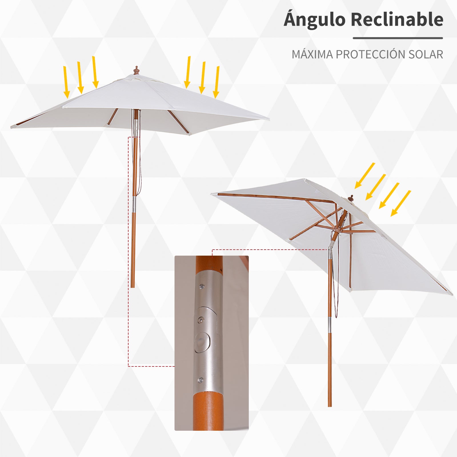 Outsunny Sombrilla Terraza Exterior 200x150 cm Sombrilla de Jardín Rectangular con Ángulo Ajustable Mástil de Madera y Manivela Parasol para Patio Terraza Crema