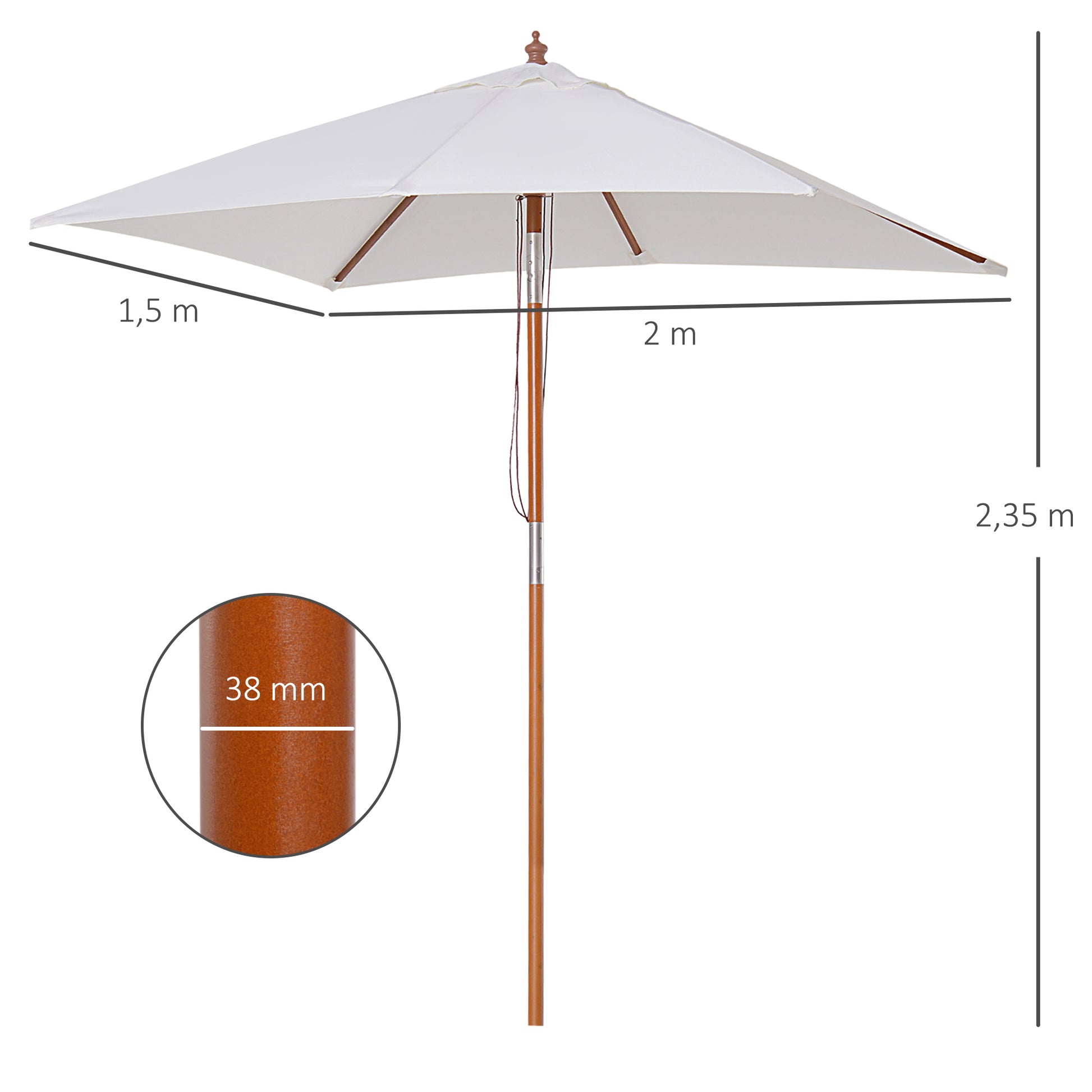 Outsunny Sombrilla Terraza Exterior 200x150 cm Sombrilla de Jardín Rectangular con Ángulo Ajustable Mástil de Madera y Manivela Parasol para Patio Terraza Crema