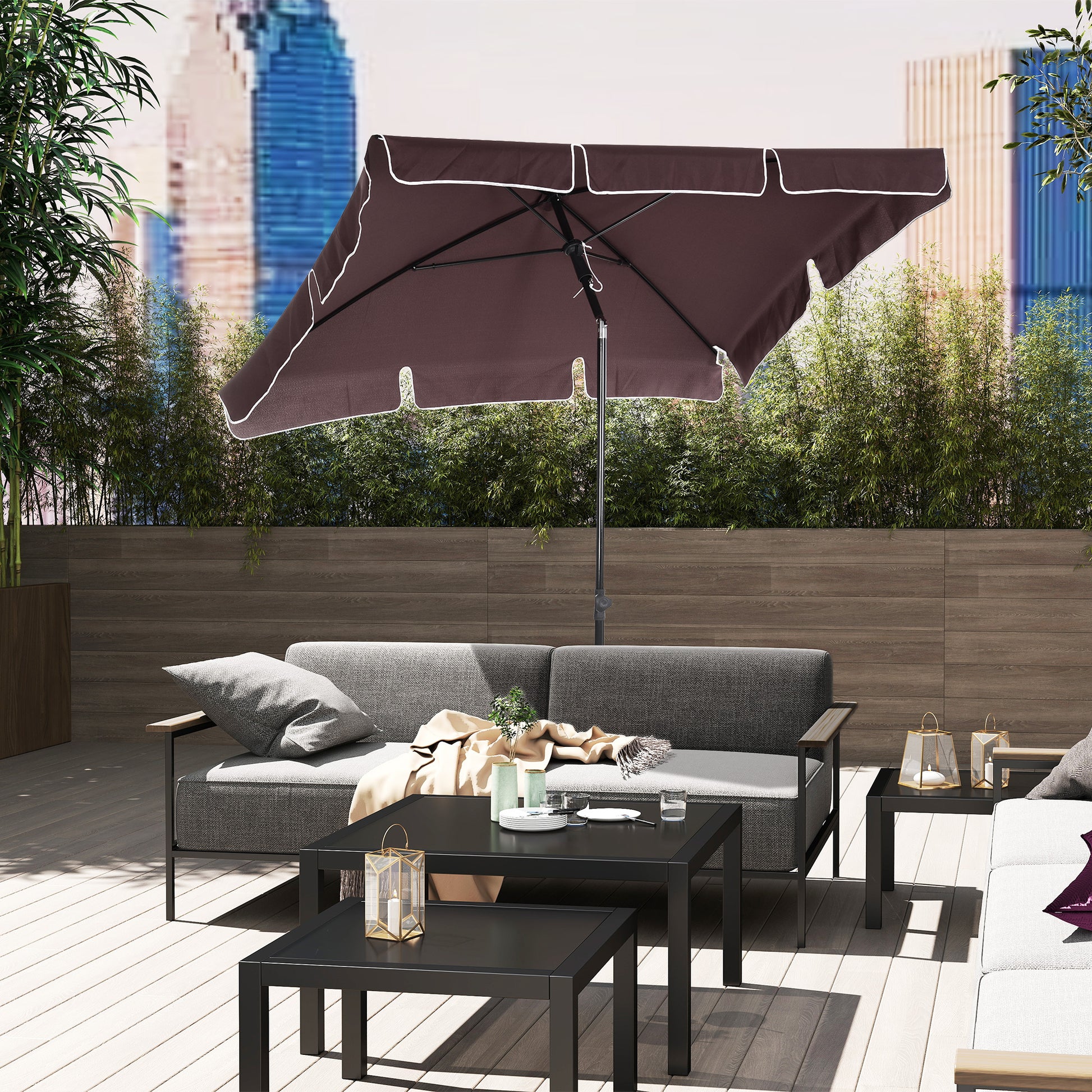 Outsunny Sombrilla de Jardín de Aluminio 198x130x245 cm Parasol de Jardín Rectangular con Función de Inclinación para Terraza Patio Exterior Café
