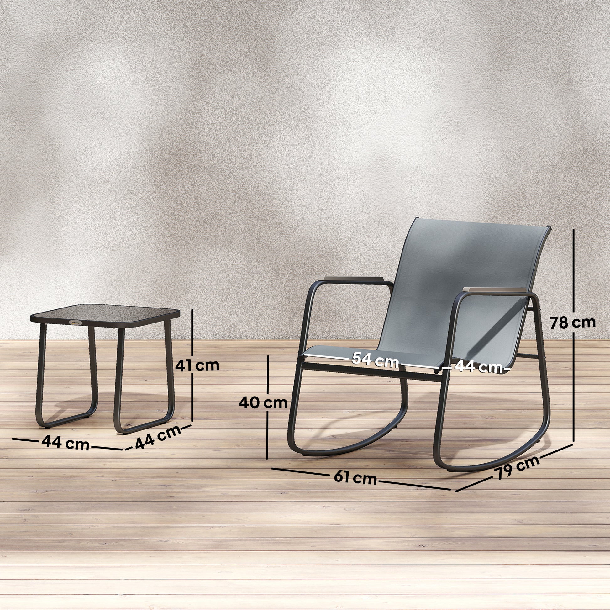 Outsunny Conjunto de Mesa y Sillas de Terraza Exterior de 3 Piezas, Muebles de Jardín Exterior con 2 Sillas Mecedoras, Mesa con Encimera de Vidrio y Estructura de Acero, para Patio, Balcón, Gris