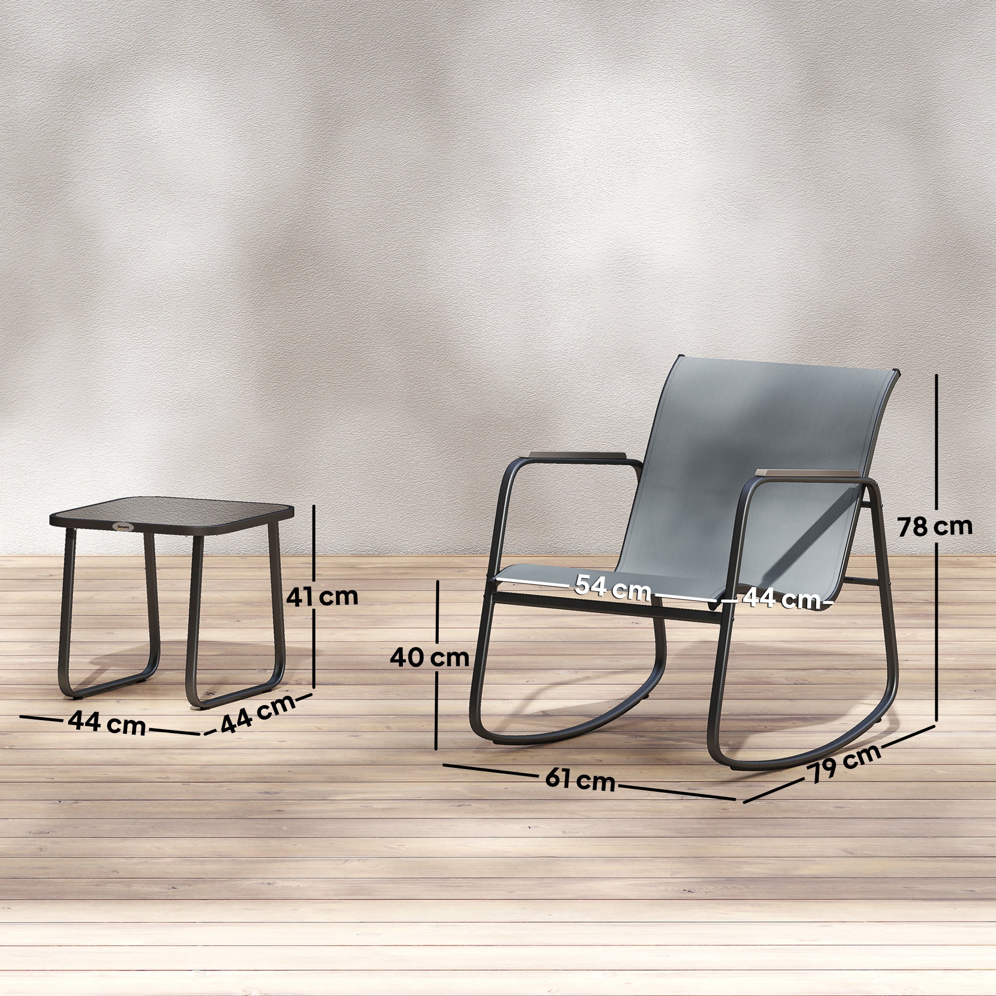 Outsunny Conjunto de Mesa y Sillas de Terraza Exterior de 3 Piezas, Muebles de Jardín Exterior con 2 Sillas Mecedoras, Mesa con Encimera de Vidrio y Estructura de Acero, para Patio, Balcón, Gris