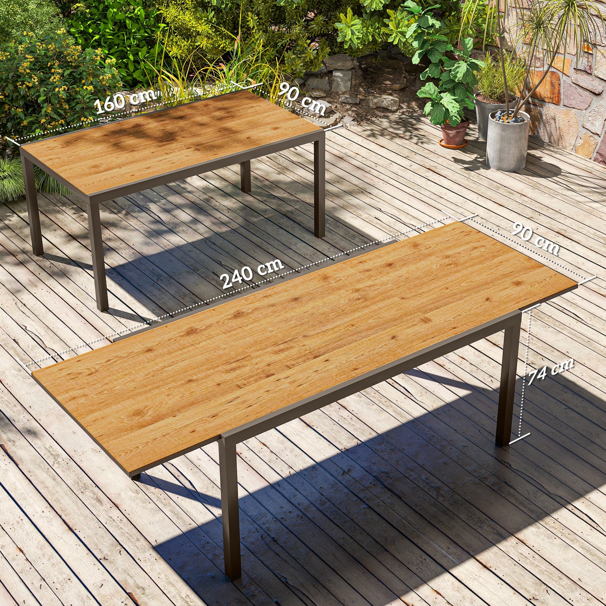 Outsunny Mesa de Jardín Extensible, Mesa de Comedor Exterior Extensible 160/240x90 cm, con Borde de Aluminio, Carga 70 kg, Mesita Rectangular para 6-8 Personas, para Patio, Terraza, Marrón