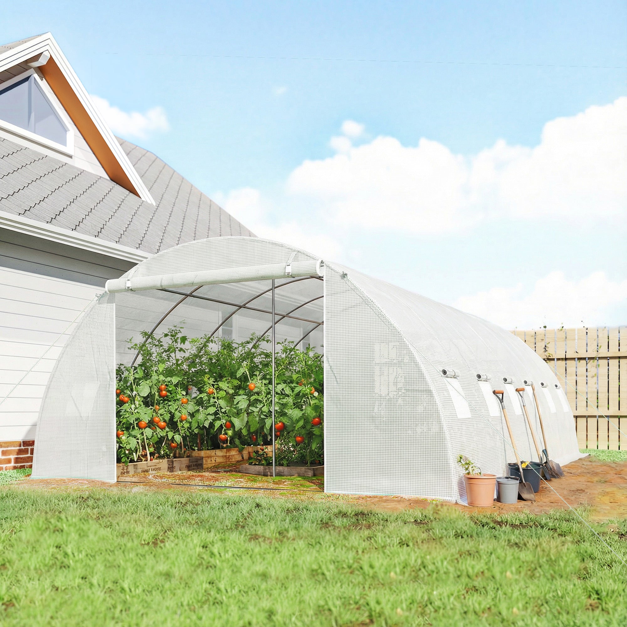 Outsunny Invernadero de Exterior 6x4x2 m, Invernadero de Túnel con 2 Varillas de Soporte, Puertas Enrollables, Ventanas de Malla, Cubierta PE y Marco de Acero Galvanizado, Anti-UV, Impermeable, Blanco