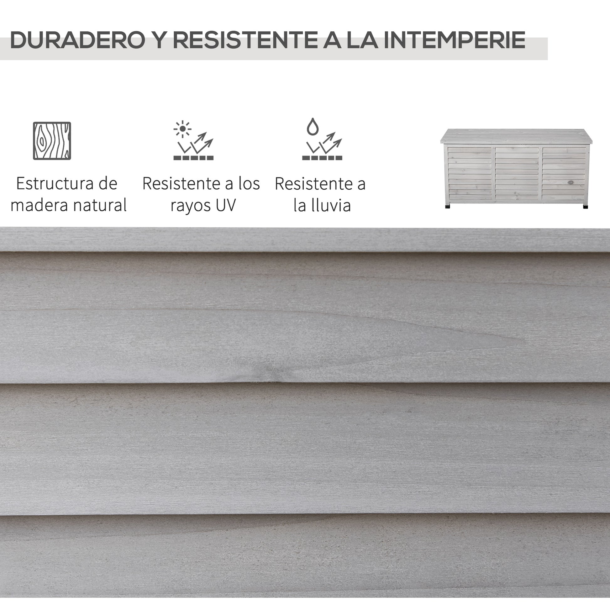 Outsunny Baúl de Almacenaje Exterior 284L Arcón de Jardín de Madera Impermeable con Tapa Abrible y Diseño Persiana 127x56x60 cm Gris