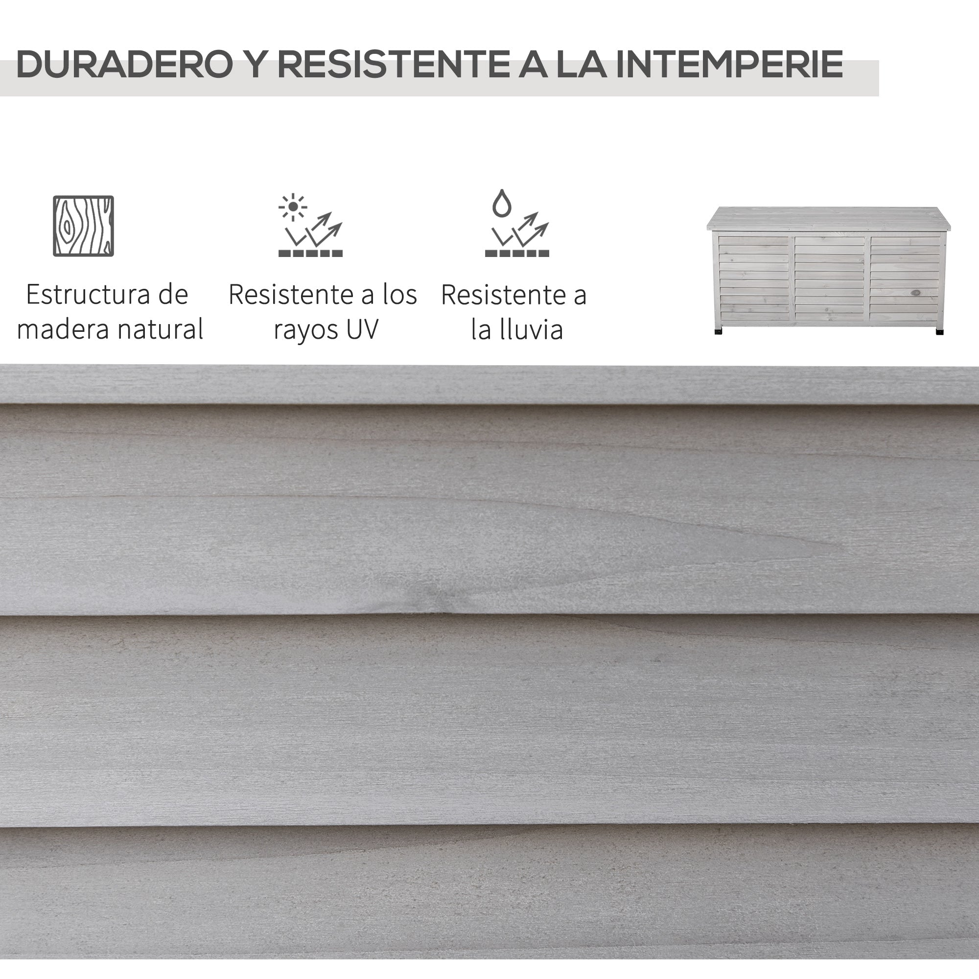 Outsunny Baúl de Almacenaje Exterior 284L Arcón de Jardín de Madera Impermeable con Tapa Abrible y Diseño Persiana 127x56x60 cm Gris