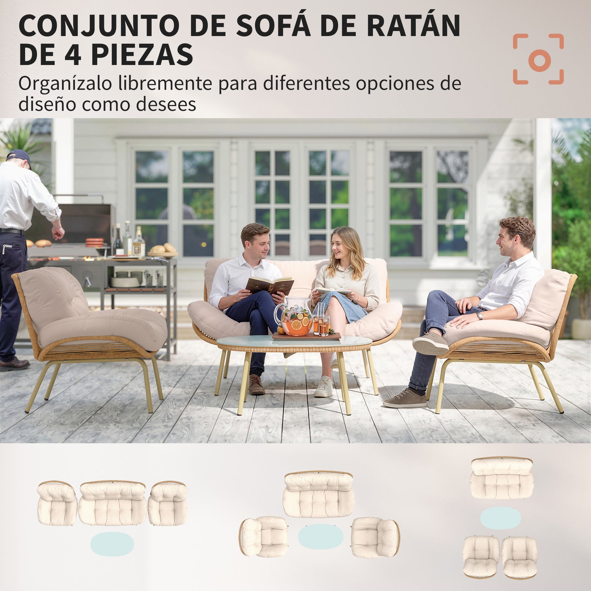 Outsunny Conjunto de Jardín Exterior de Ratán, Muebles Jardín Exterior 4 Piezas, con Cojines, Sofá Doble, 2 Sillones y Mesa de Centro de Cristal, Estructura de Metal, Beige