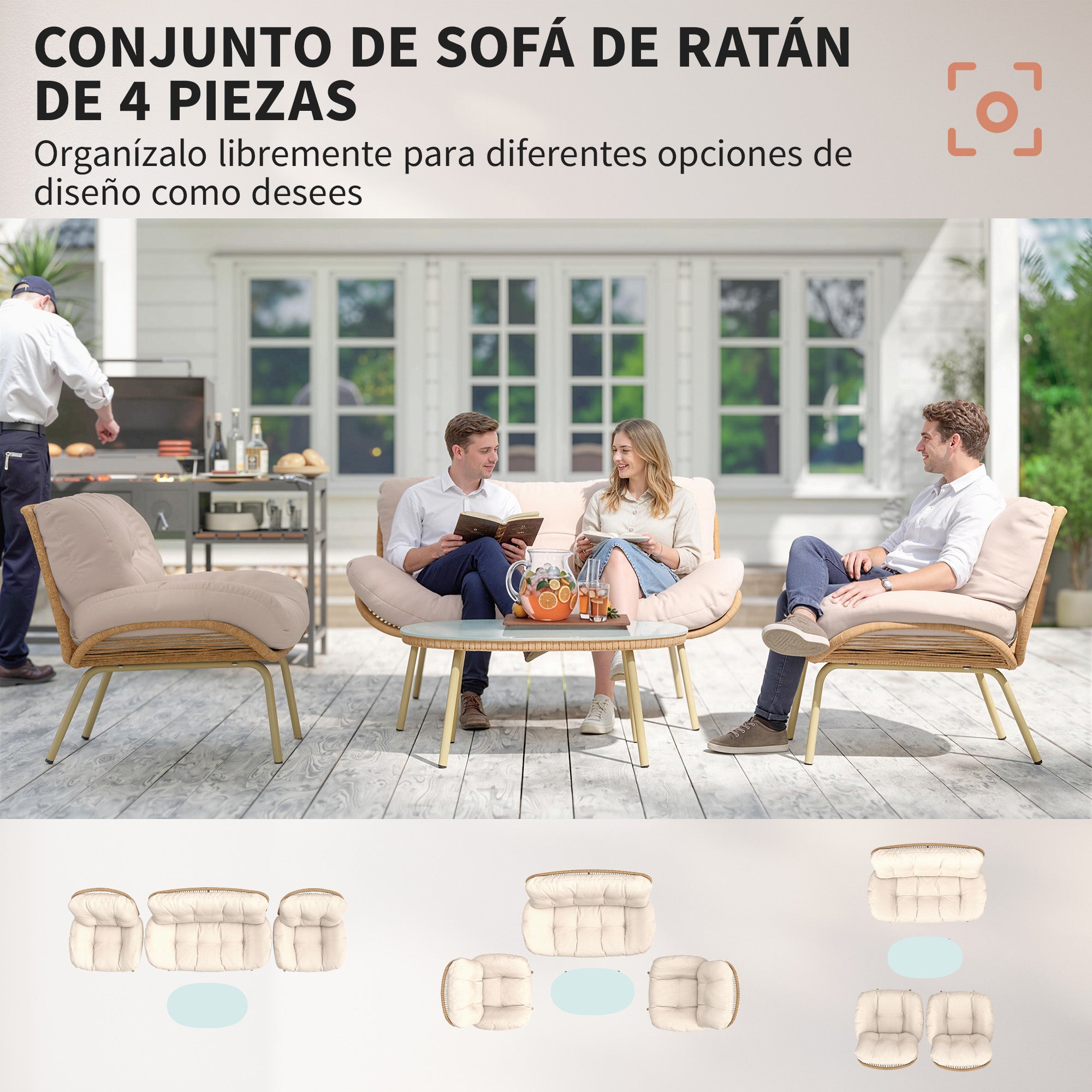 Outsunny Conjunto de Jardín Exterior de Ratán, Muebles Jardín Exterior 4 Piezas, con Cojines, Sofá Doble, 2 Sillones y Mesa de Centro de Cristal, Estructura de Metal, Beige