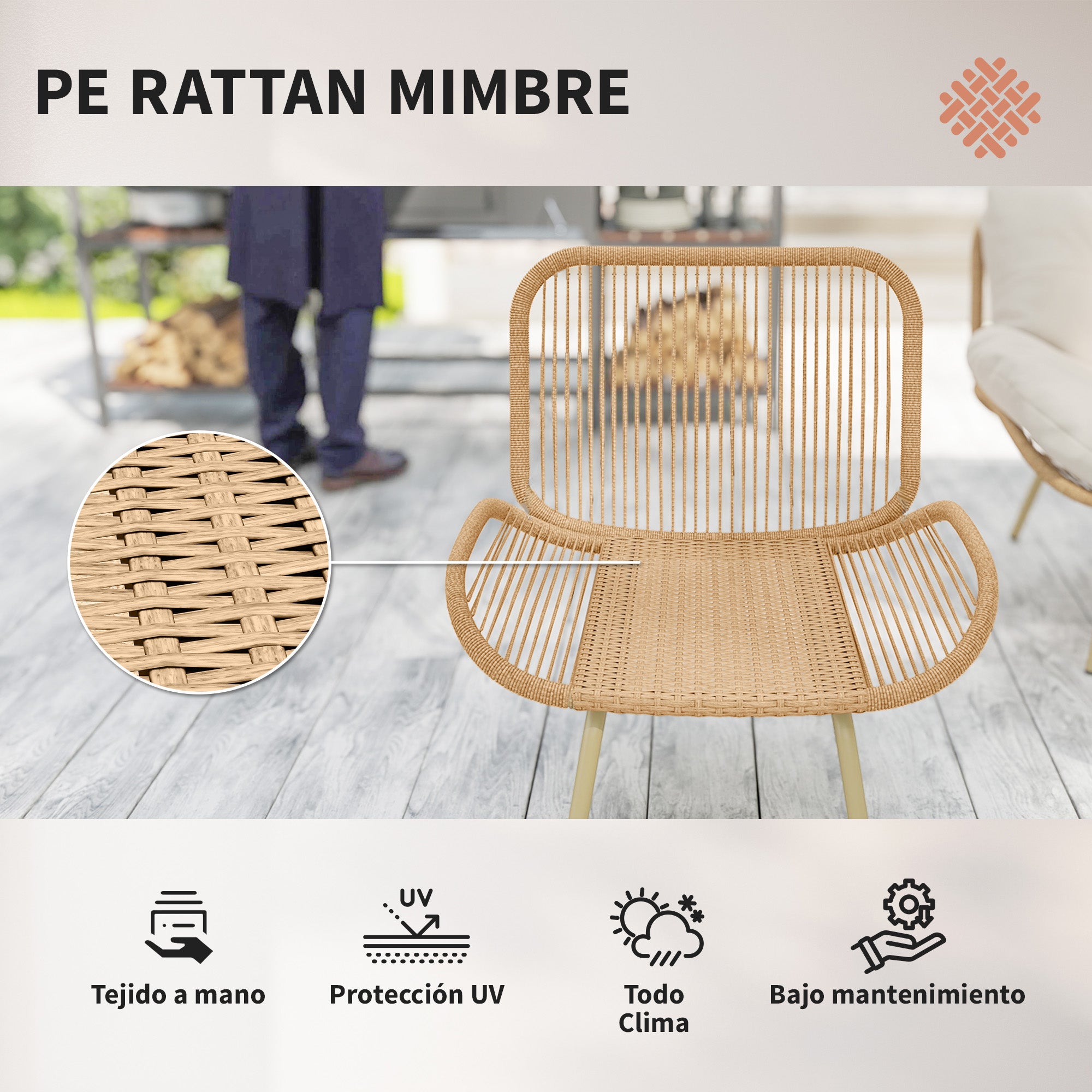 Outsunny Conjunto de Jardín Exterior de Ratán, Muebles Jardín Exterior 4 Piezas, con Cojines, Sofá Doble, 2 Sillones y Mesa de Centro de Cristal, Estructura de Metal, Beige