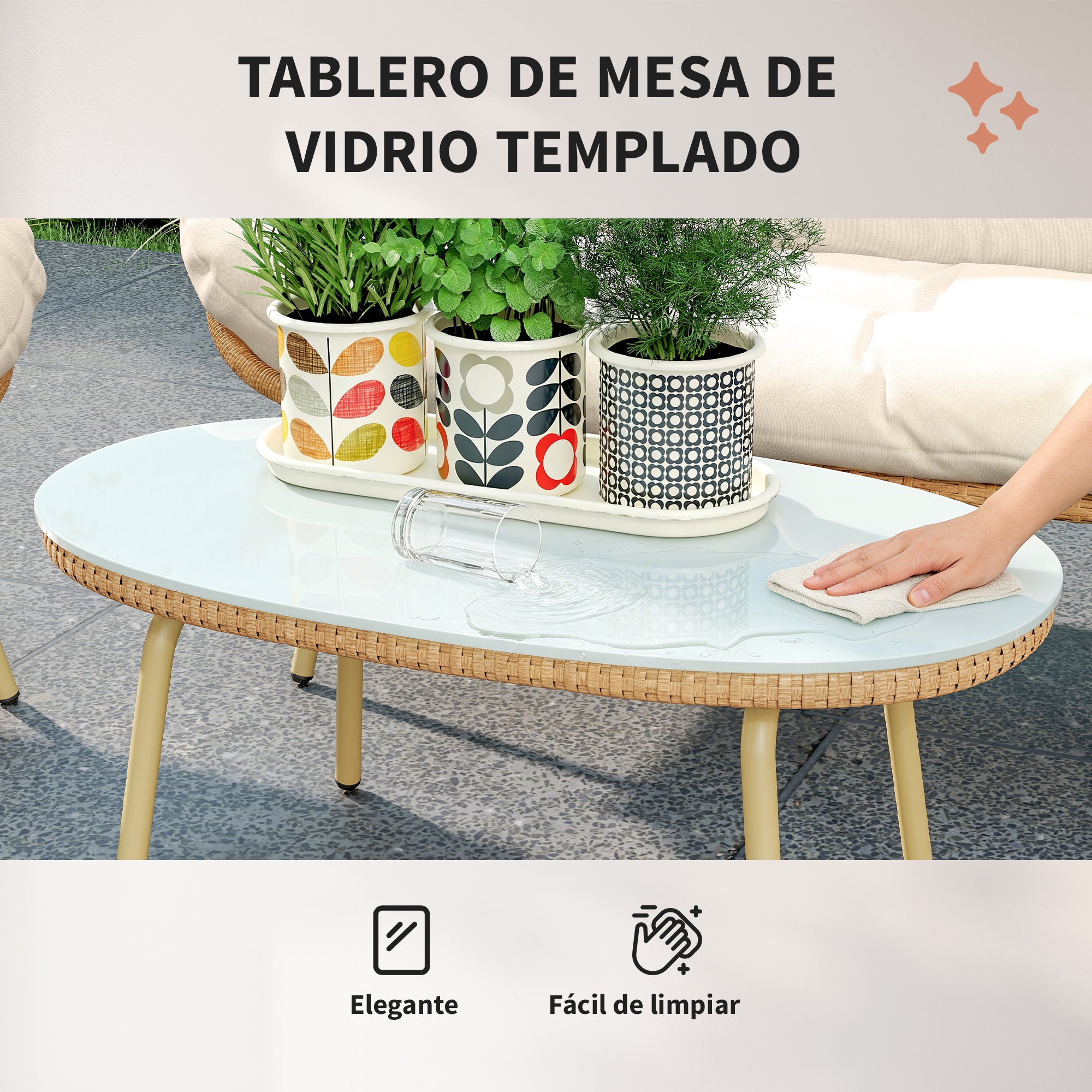 Outsunny Conjunto de Jardín Exterior de Ratán, Muebles Jardín Exterior 4 Piezas, con Cojines, Sofá Doble, 2 Sillones y Mesa de Centro de Cristal, Estructura de Metal, Beige