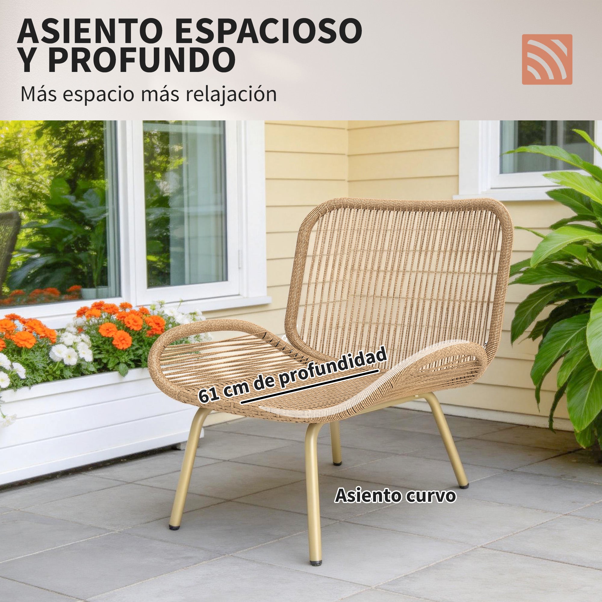 Outsunny Conjunto de Jardín Exterior de Ratán, Muebles Jardín Exterior 4 Piezas, con Cojines, Sofá Doble, 2 Sillones y Mesa de Centro de Cristal, Estructura de Metal, Beige