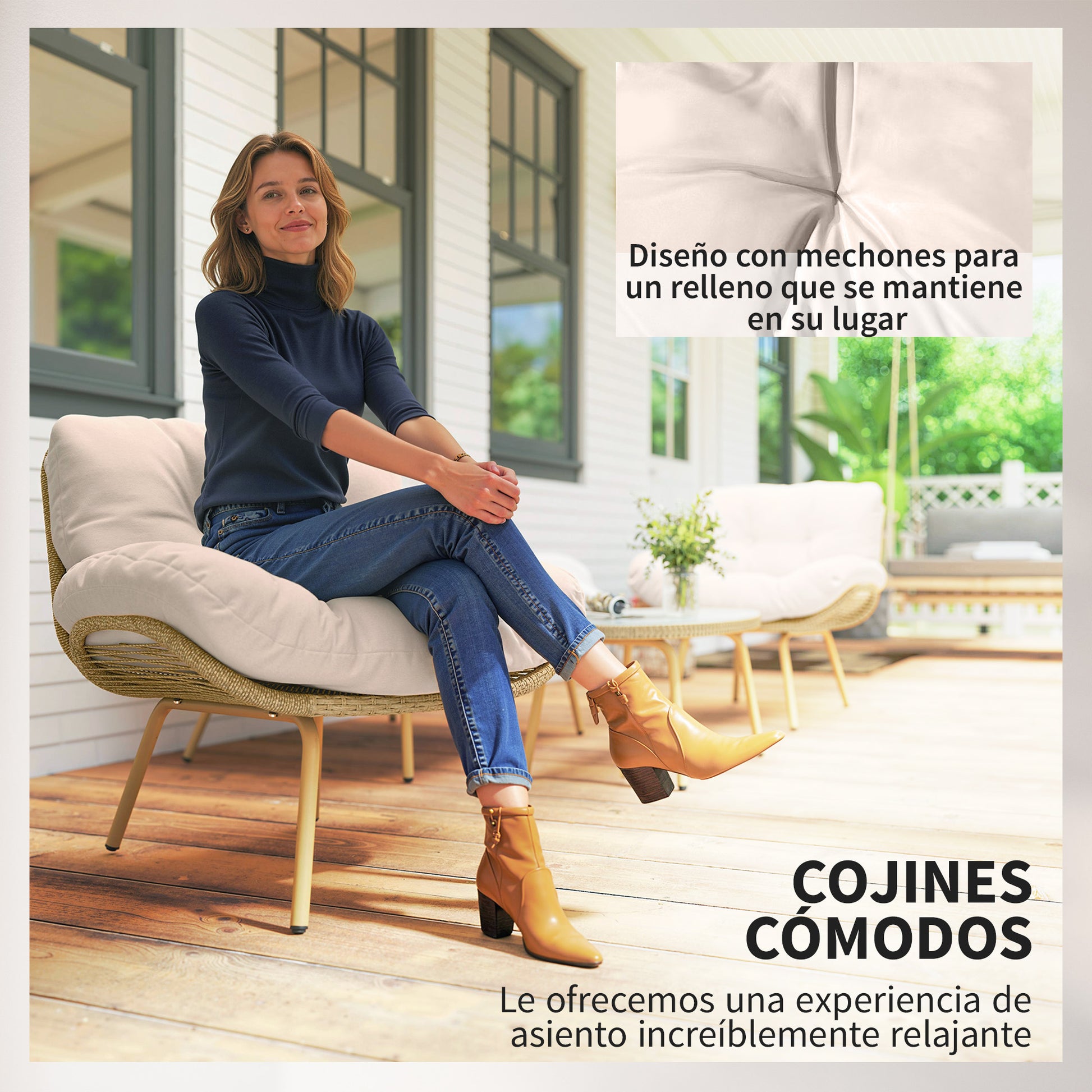 Outsunny Conjunto de Jardín Exterior de Ratán, Muebles Jardín Exterior 4 Piezas, con Cojines, Sofá Doble, 2 Sillones y Mesa de Centro de Cristal, Estructura de Metal, Beige