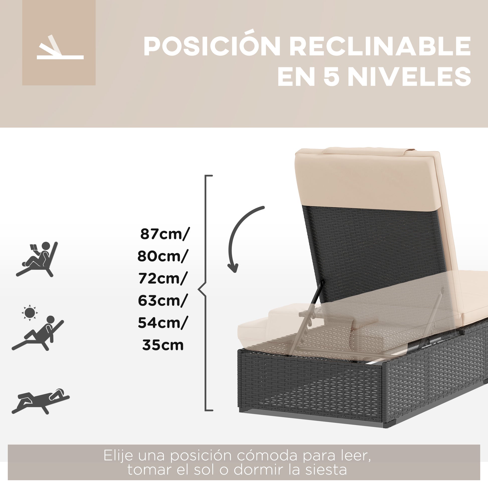 Outsunny Tumbona de Ratán Reclinable Tumbona para Jardín con Respaldo Ajustable en 5 Niveles Mesita y Cojín Carga 120 kg para Patio Terraza Negro y Beige