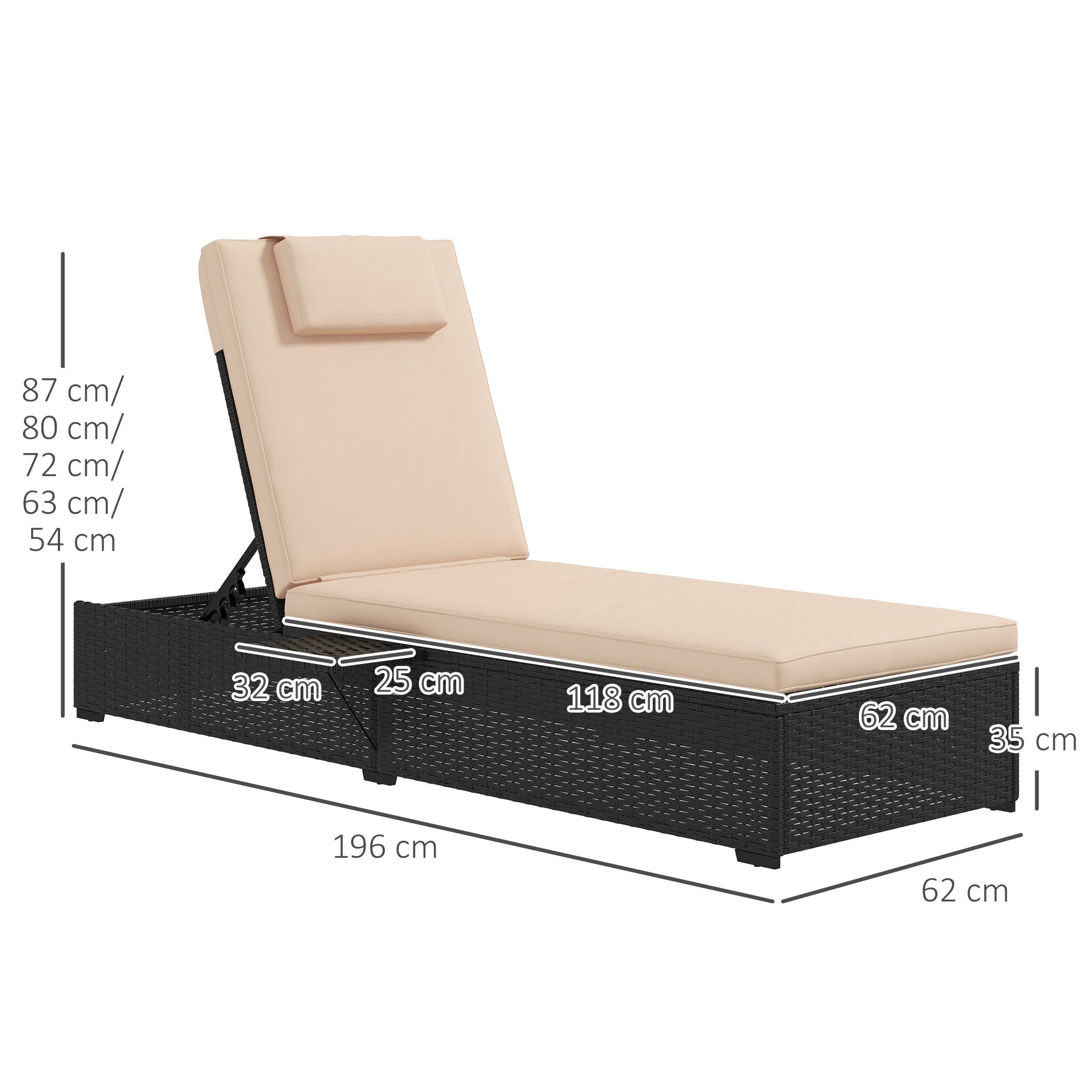 Outsunny Tumbona de Ratán Reclinable Tumbona para Jardín con Respaldo Ajustable en 5 Niveles Mesita y Cojín Carga 120 kg para Patio Terraza Negro y Beige