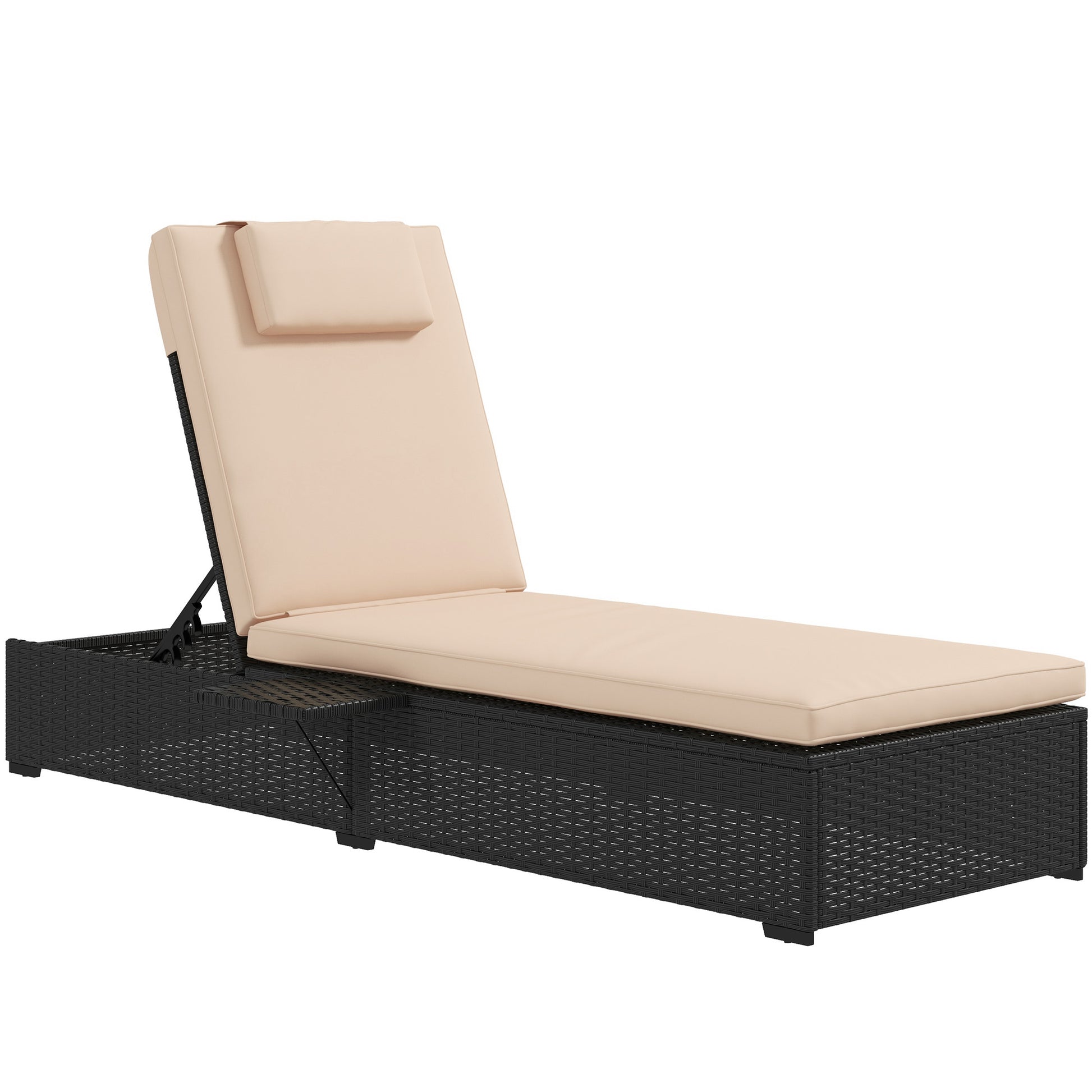 Outsunny Tumbona de Ratán Reclinable Tumbona para Jardín con Respaldo Ajustable en 5 Niveles Mesita y Cojín Carga 120 kg para Patio Terraza Negro y Beige