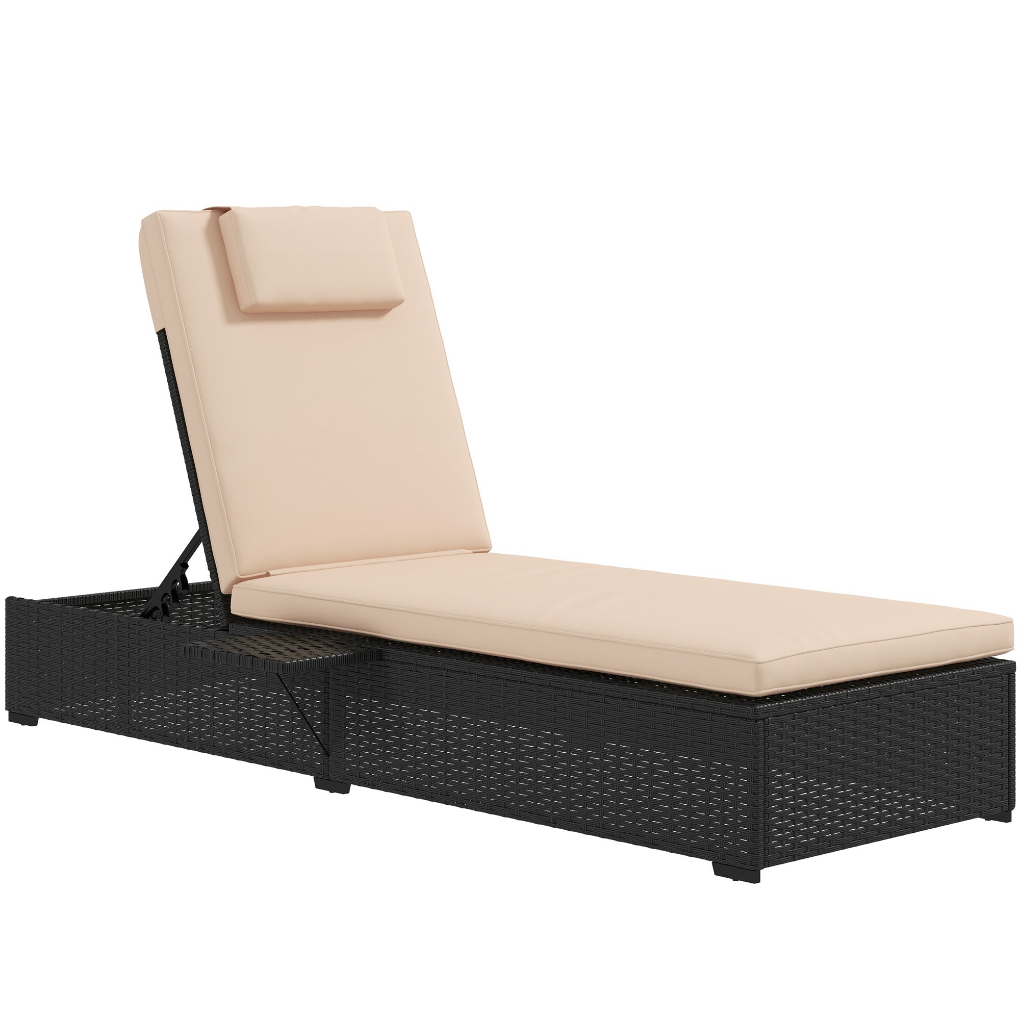 Outsunny Tumbona de Ratán Reclinable Tumbona para Jardín con Respaldo Ajustable en 5 Niveles Mesita y Cojín Carga 120 kg para Patio Terraza Negro y Beige
