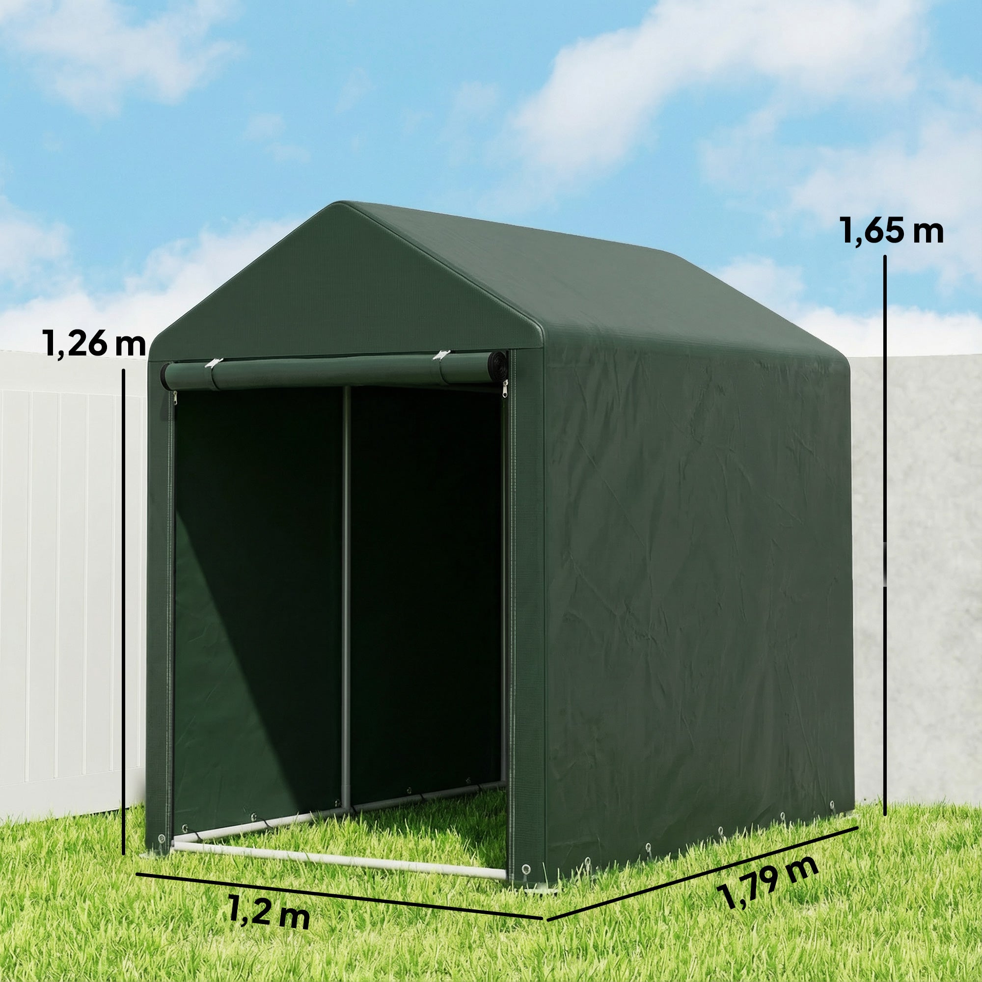 Outsunny Carpa de Jardín Exterior para Herramientas Bicicletas 1,2x1,8x1,65 m, Cobertizo Exterior con 2 Habitaciones, Puerta Enrollable con Cremallera, Impermeable Anti-UV, Garaje Portátil, Verde