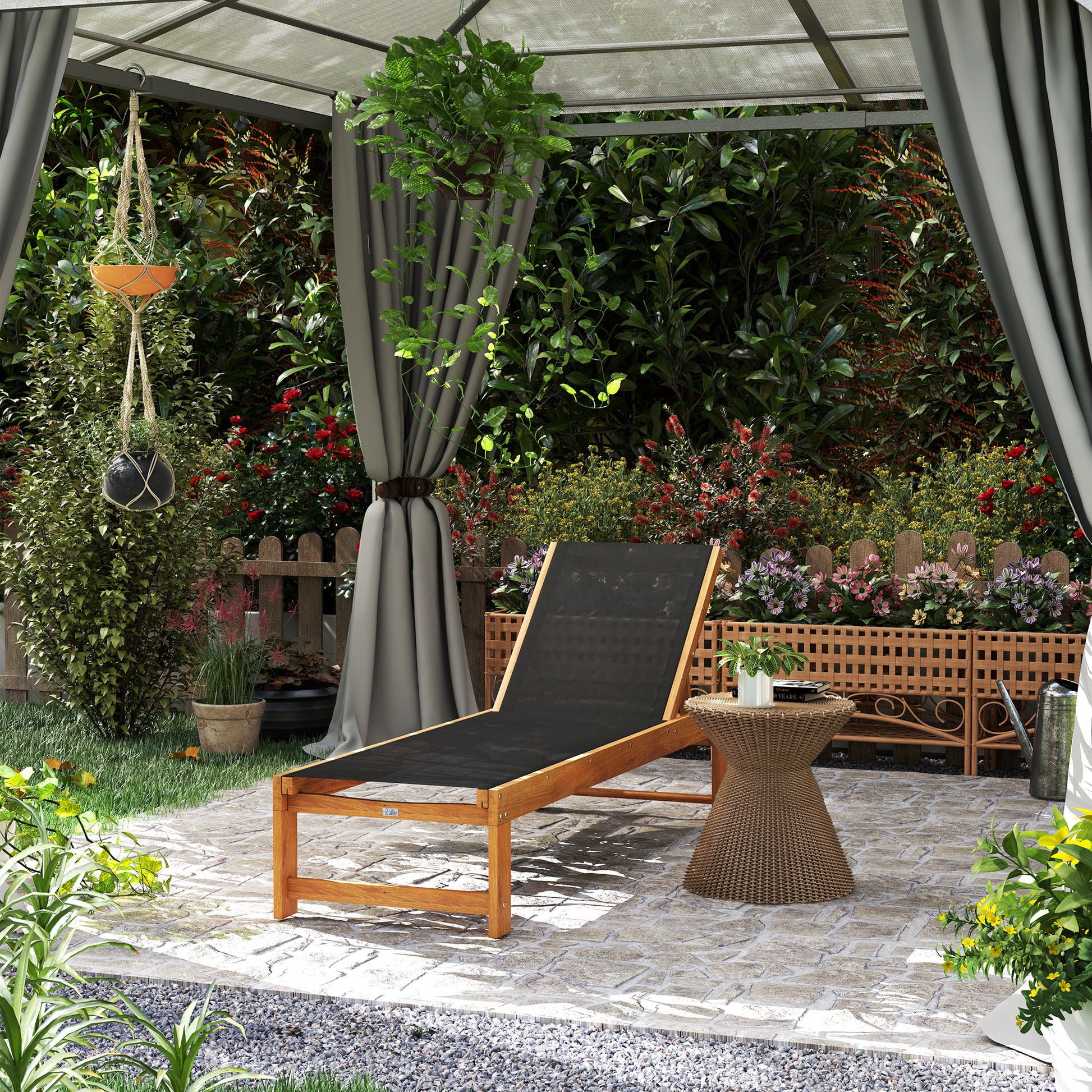 Outsunny Juego de 2 Tumbonas de Madera de Acacia Tumbonas de Jardín Exterior con Ruedas Respaldo Ajustable en 4 Niveles Carga 160 kg para Patio Terraza Balcón Teca y Negro