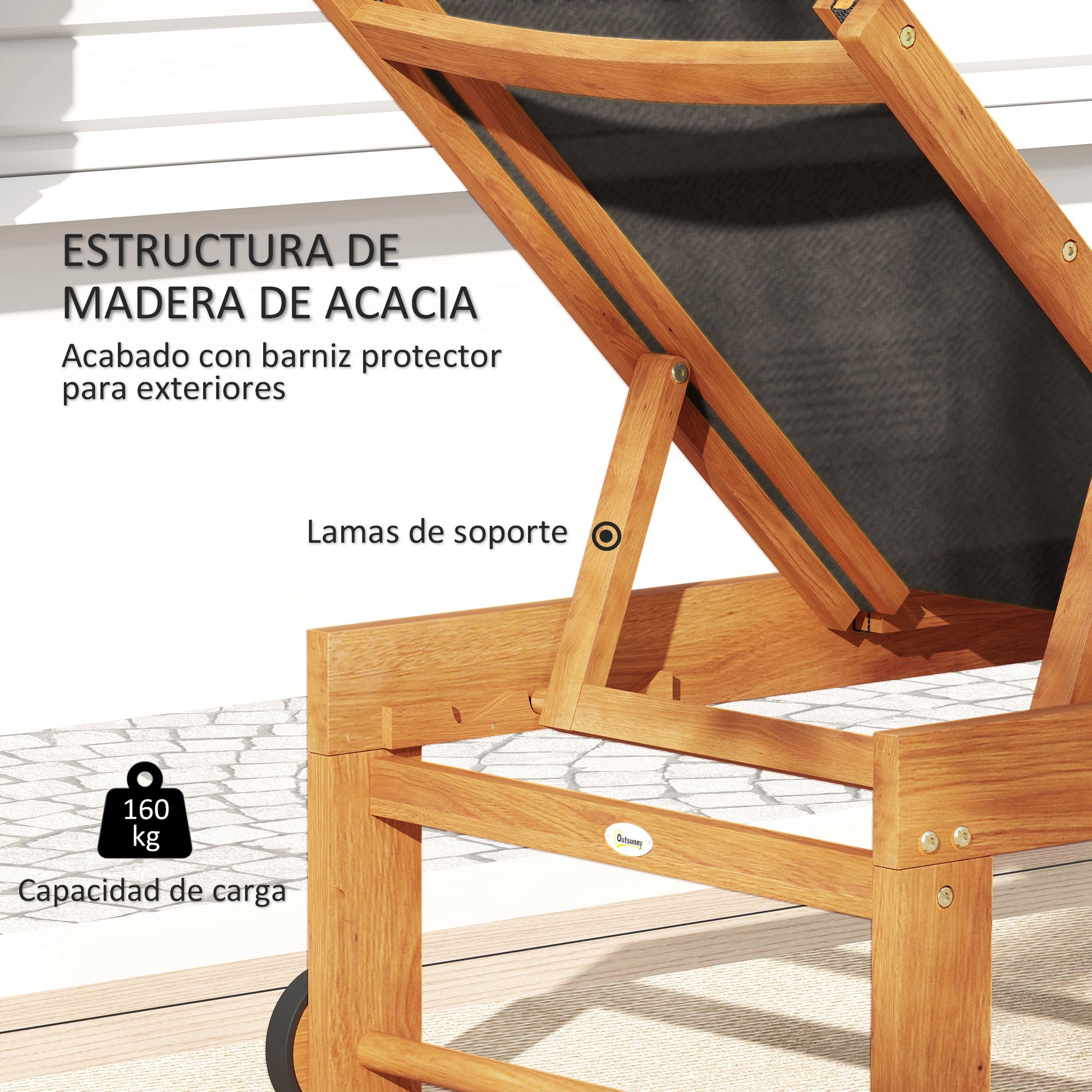 Outsunny Juego de 2 Tumbonas de Madera de Acacia Tumbonas de Jardín Exterior con Ruedas Respaldo Ajustable en 4 Niveles Carga 160 kg para Patio Terraza Balcón Teca y Negro