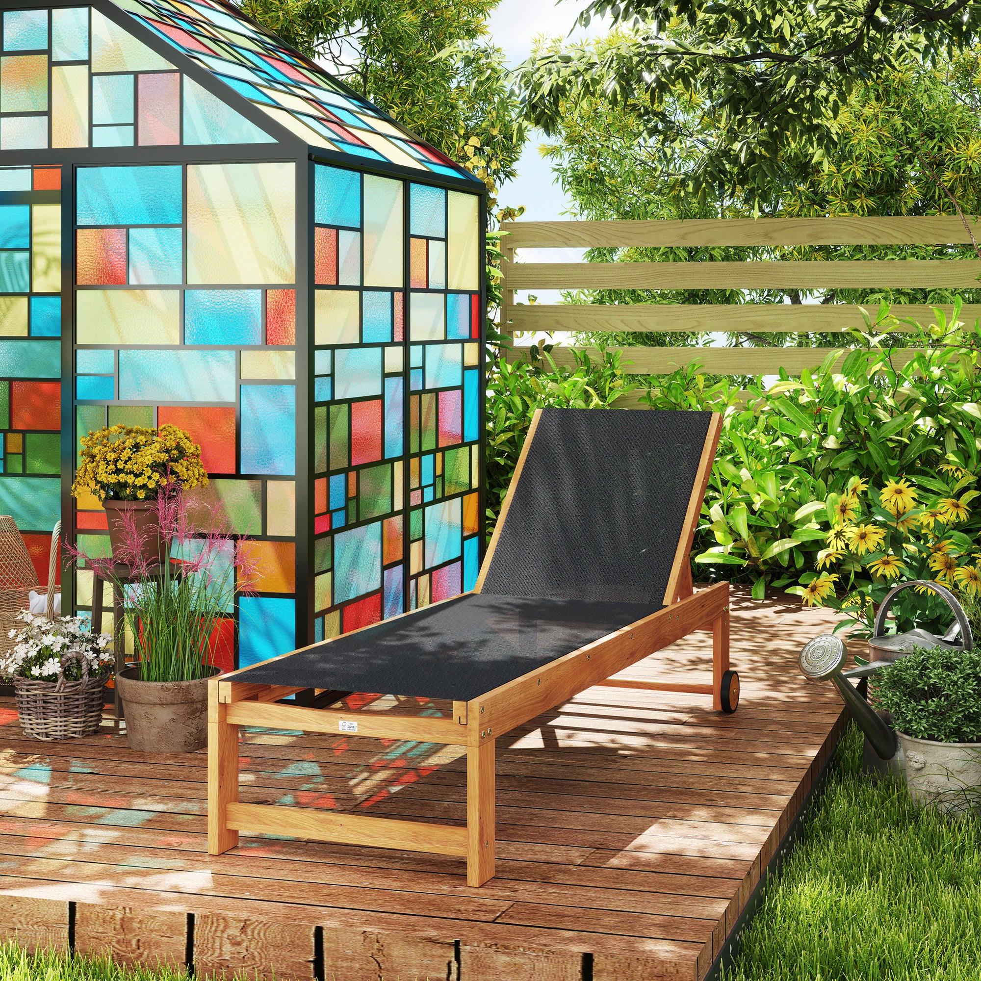 Outsunny Juego de 2 Tumbonas de Madera de Acacia Tumbonas de Jardín Exterior con Ruedas Respaldo Ajustable en 4 Niveles Carga 160 kg para Patio Terraza Balcón Teca y Negro