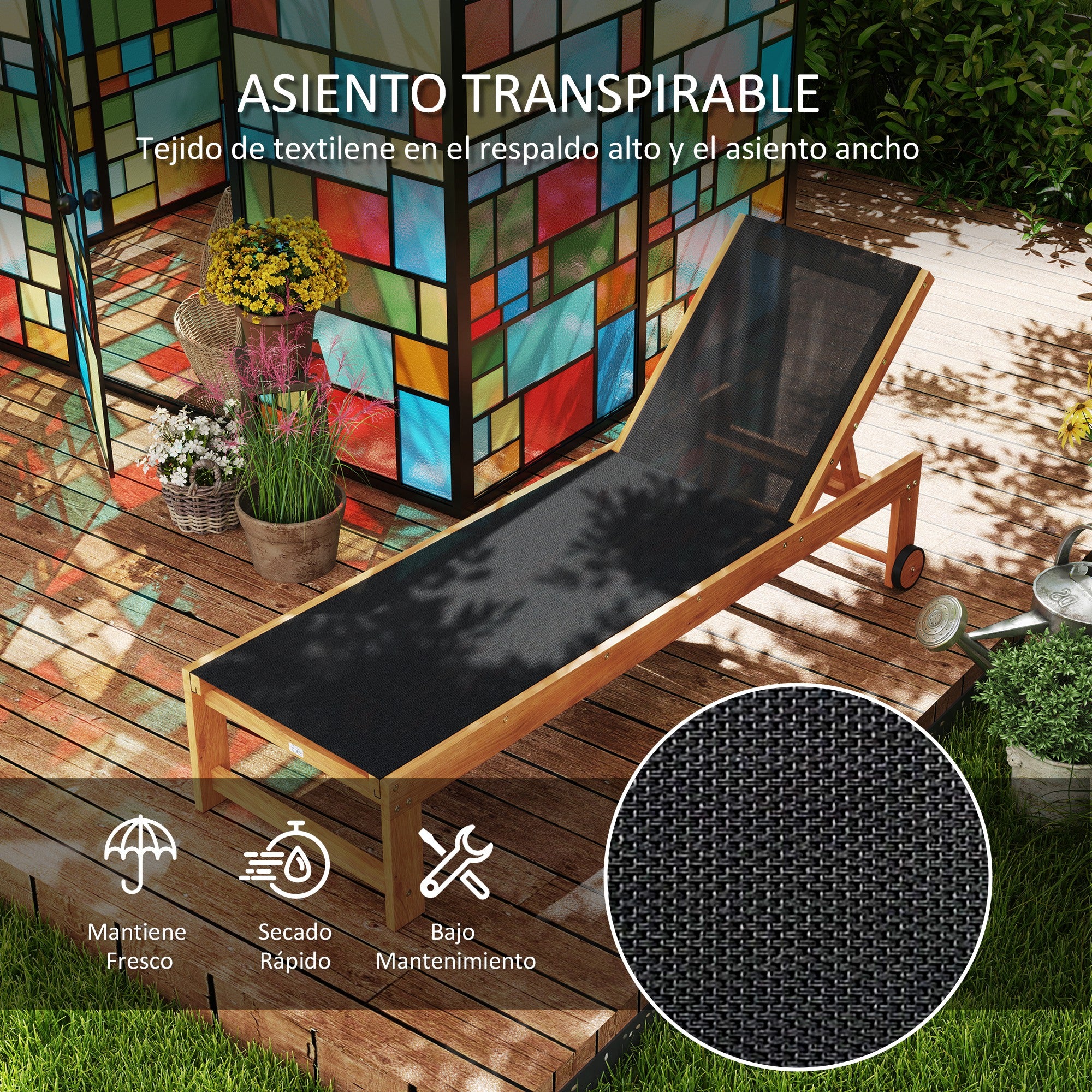 Outsunny Juego de 2 Tumbonas de Madera de Acacia Tumbonas de Jardín Exterior con Ruedas Respaldo Ajustable en 4 Niveles Carga 160 kg para Patio Terraza Balcón Teca y Negro