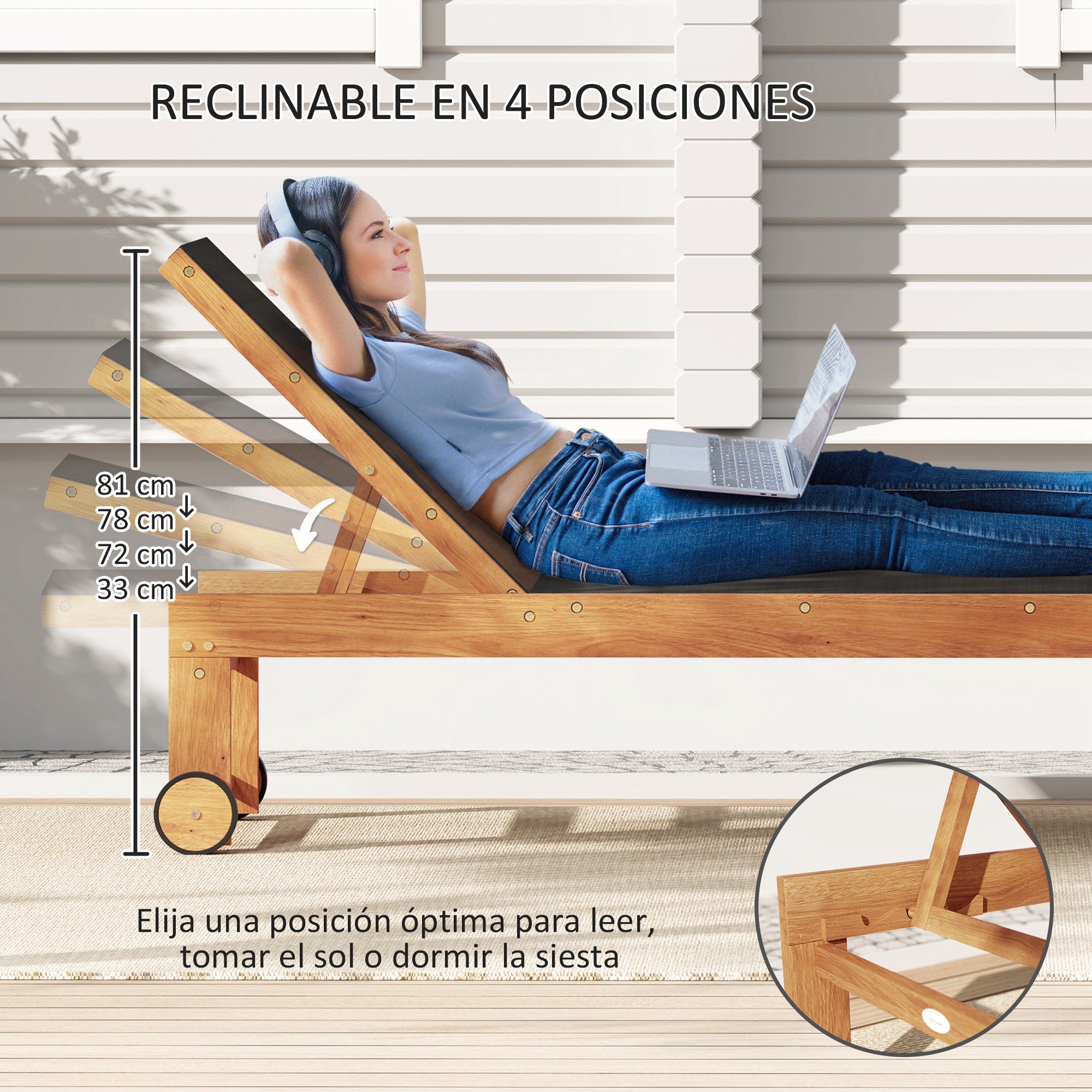 Outsunny Juego de 2 Tumbonas de Madera de Acacia Tumbonas de Jardín Exterior con Ruedas Respaldo Ajustable en 4 Niveles Carga 160 kg para Patio Terraza Balcón Teca y Negro
