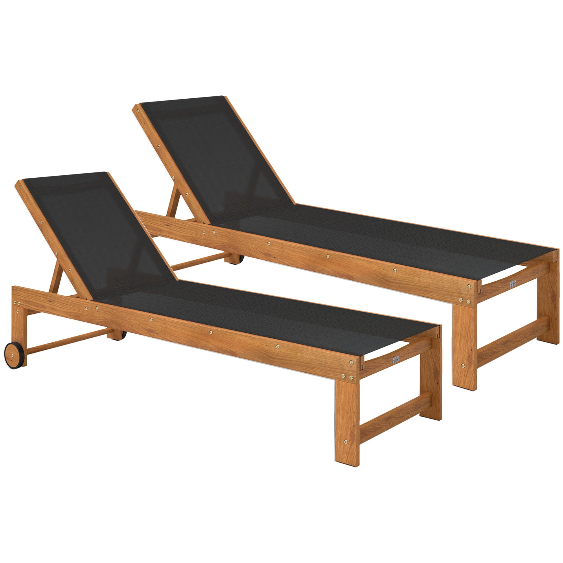 Outsunny Juego de 2 Tumbonas de Madera de Acacia Tumbonas de Jardín Exterior con Ruedas Respaldo Ajustable en 4 Niveles Carga 160 kg para Patio Terraza Balcón Teca y Negro