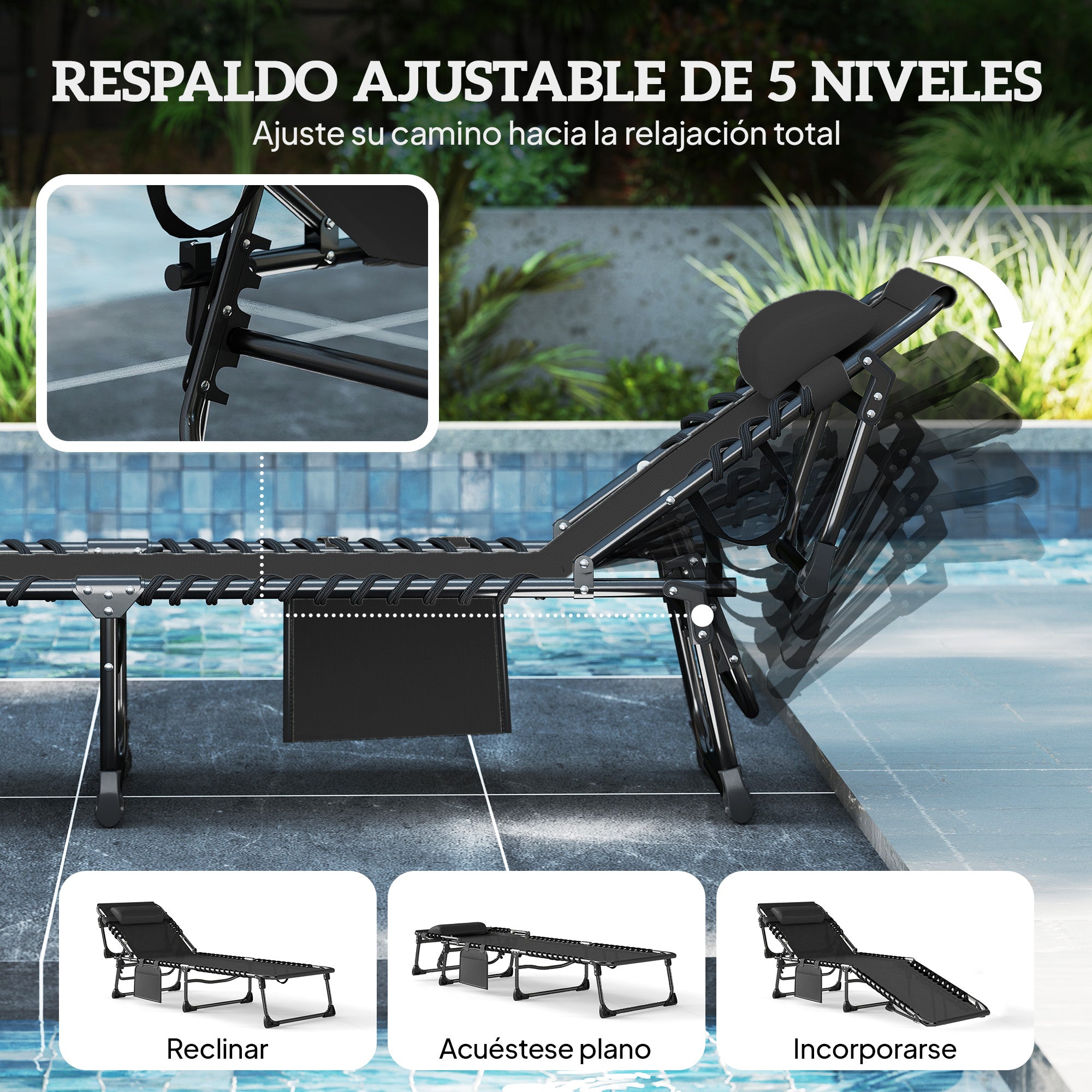 Outsunny Set de 2 Tumbonas Jardín Exterior, Tumbonas Plegables con Reposacabezas y Bolsillo Lateral, Respaldo Reclinable 5 Posiciones y Asiento de Malla Transpirable para Playa, Piscina, Negro