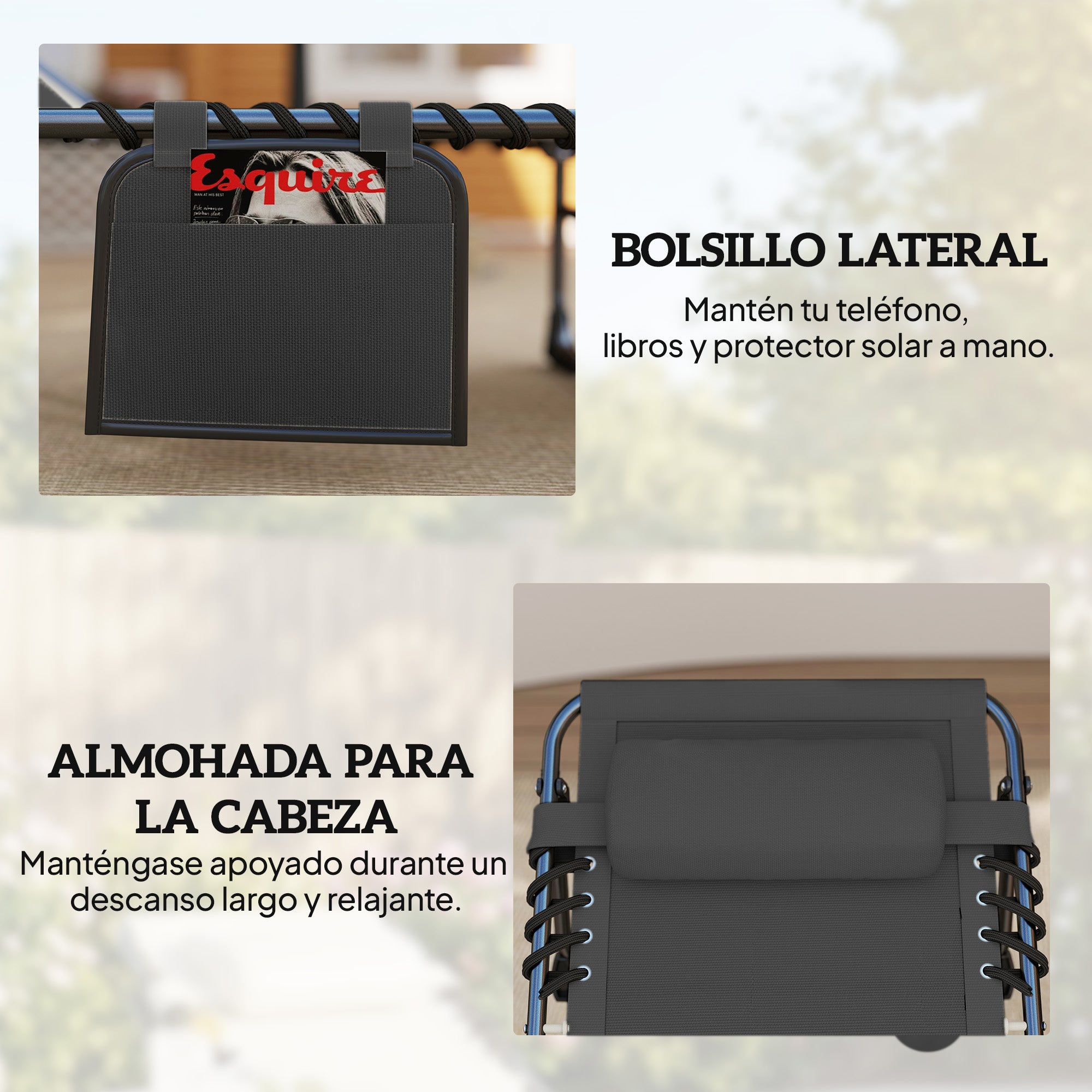Outsunny Set de 2 Tumbonas Jardín Exterior, Tumbonas Plegables con Reposacabezas y Bolsillo Lateral, Respaldo Reclinable 5 Posiciones y Asiento de Malla Transpirable para Playa, Piscina, Negro