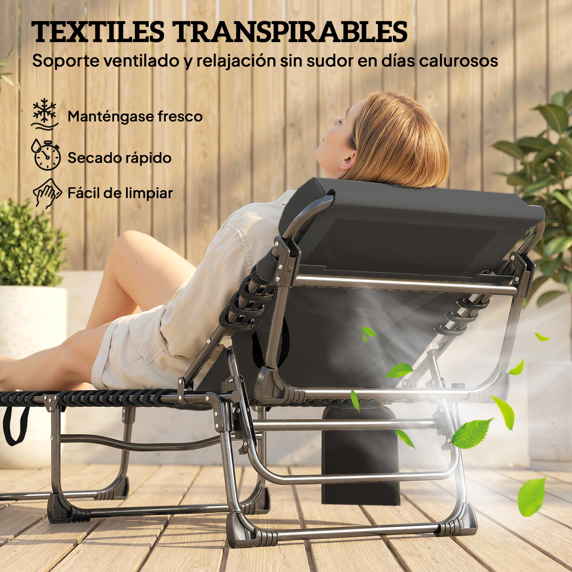 Outsunny Set de 2 Tumbonas Jardín Exterior, Tumbonas Plegables con Reposacabezas y Bolsillo Lateral, Respaldo Reclinable 5 Posiciones y Asiento de Malla Transpirable para Playa, Piscina, Negro