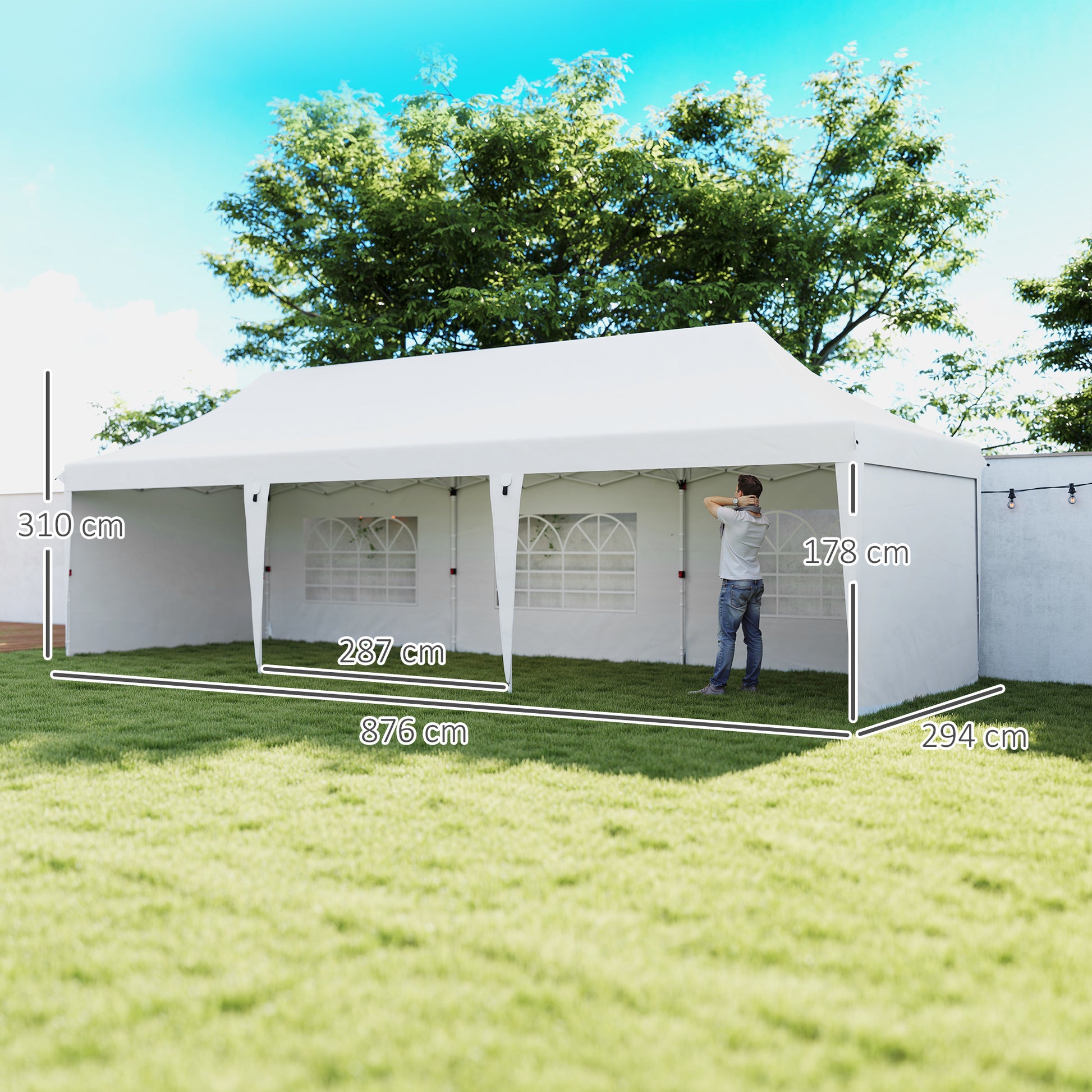 Outsunny Carpa Plegable 9x3x3 m Cenador de Jardín con Altura Ajustable Paredes Laterales Ventanas Protección UV50+ Impermeable y Bolsa de Transporte Gazebo para Exterior Fiestas Camping Blanco