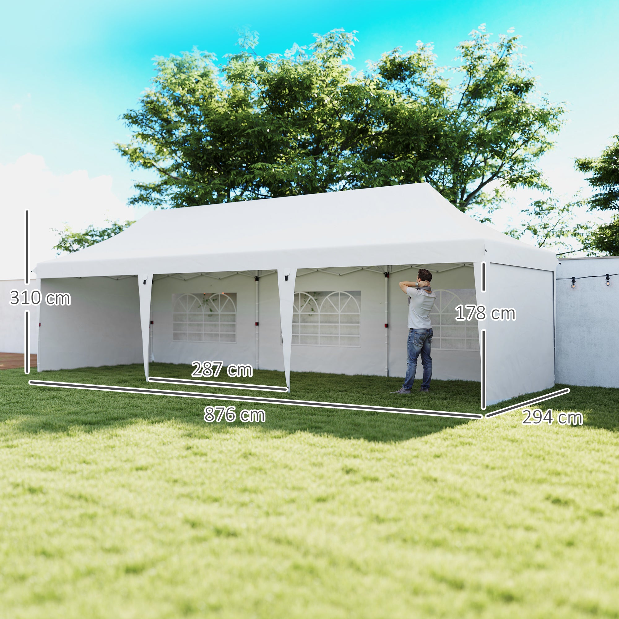Outsunny Carpa Plegable 9x3x3 m Cenador de Jardín con Altura Ajustable Paredes Laterales Ventanas Protección UV50+ Impermeable y Bolsa de Transporte Gazebo para Exterior Fiestas Camping Blanco