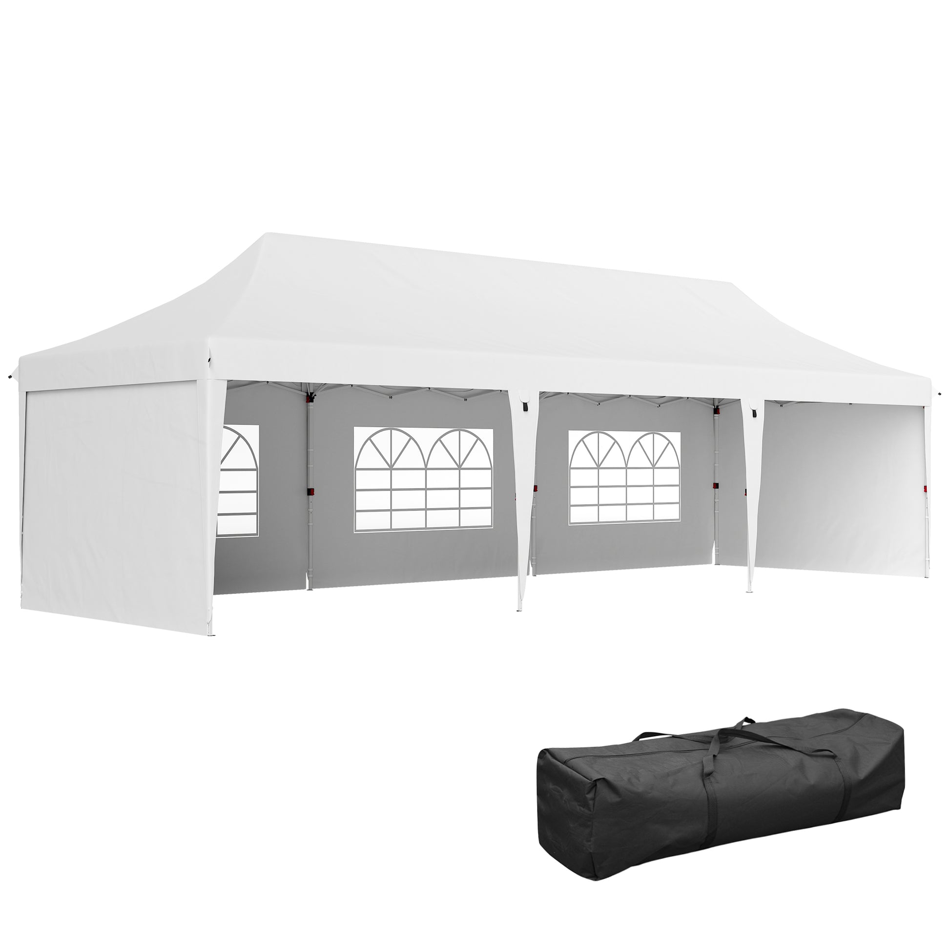 Outsunny Carpa Plegable 9x3x3 m Cenador de Jardín con Altura Ajustable Paredes Laterales Ventanas Protección UV50+ Impermeable y Bolsa de Transporte Gazebo para Exterior Fiestas Camping Blanco