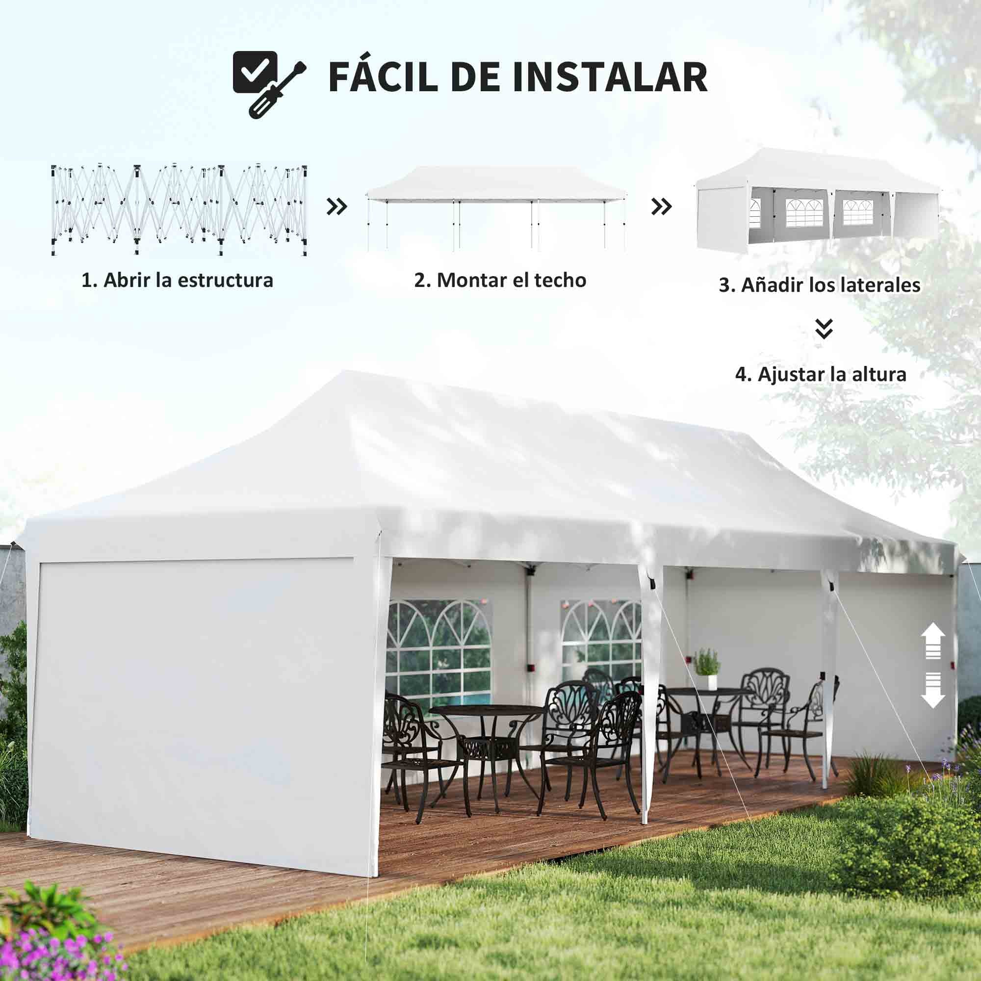 Outsunny Carpa Plegable 9x3x3 m Cenador de Jardín con Altura Ajustable Paredes Laterales Ventanas Protección UV50+ Impermeable y Bolsa de Transporte Gazebo para Exterior Fiestas Camping Blanco