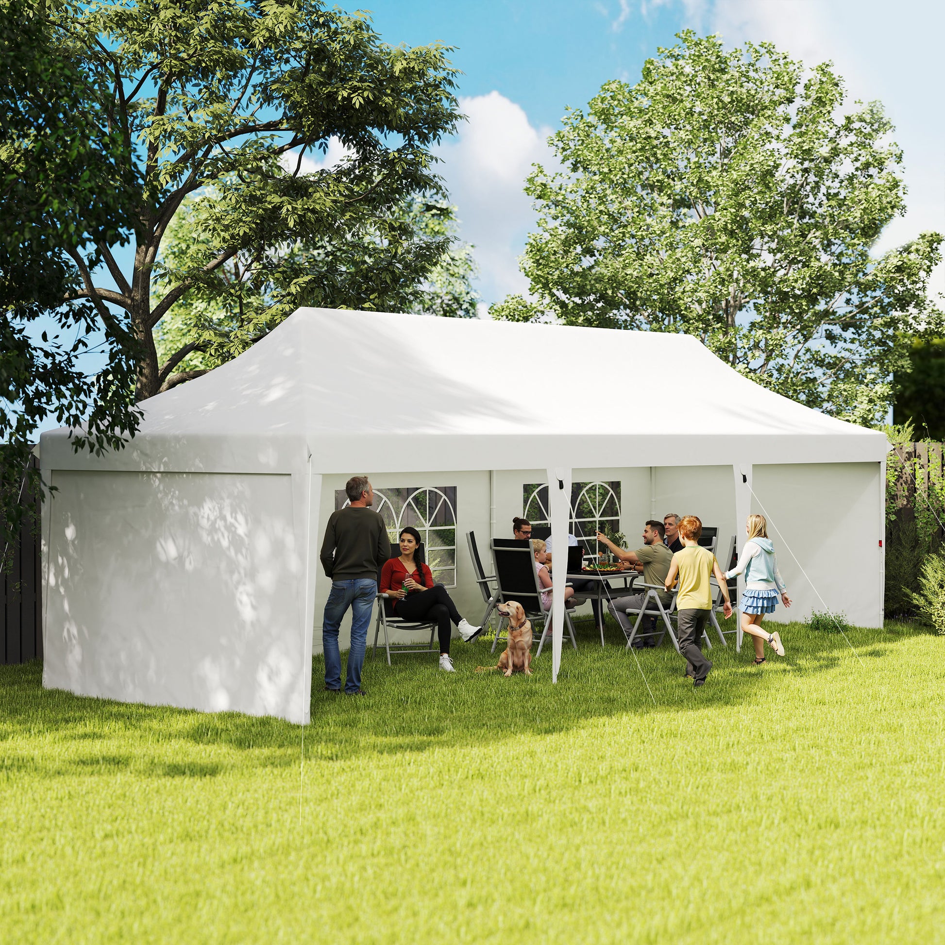Outsunny Carpa Plegable 9x3x3 m Cenador de Jardín con Altura Ajustable Paredes Laterales Ventanas Protección UV50+ Impermeable y Bolsa de Transporte Gazebo para Exterior Fiestas Camping Blanco