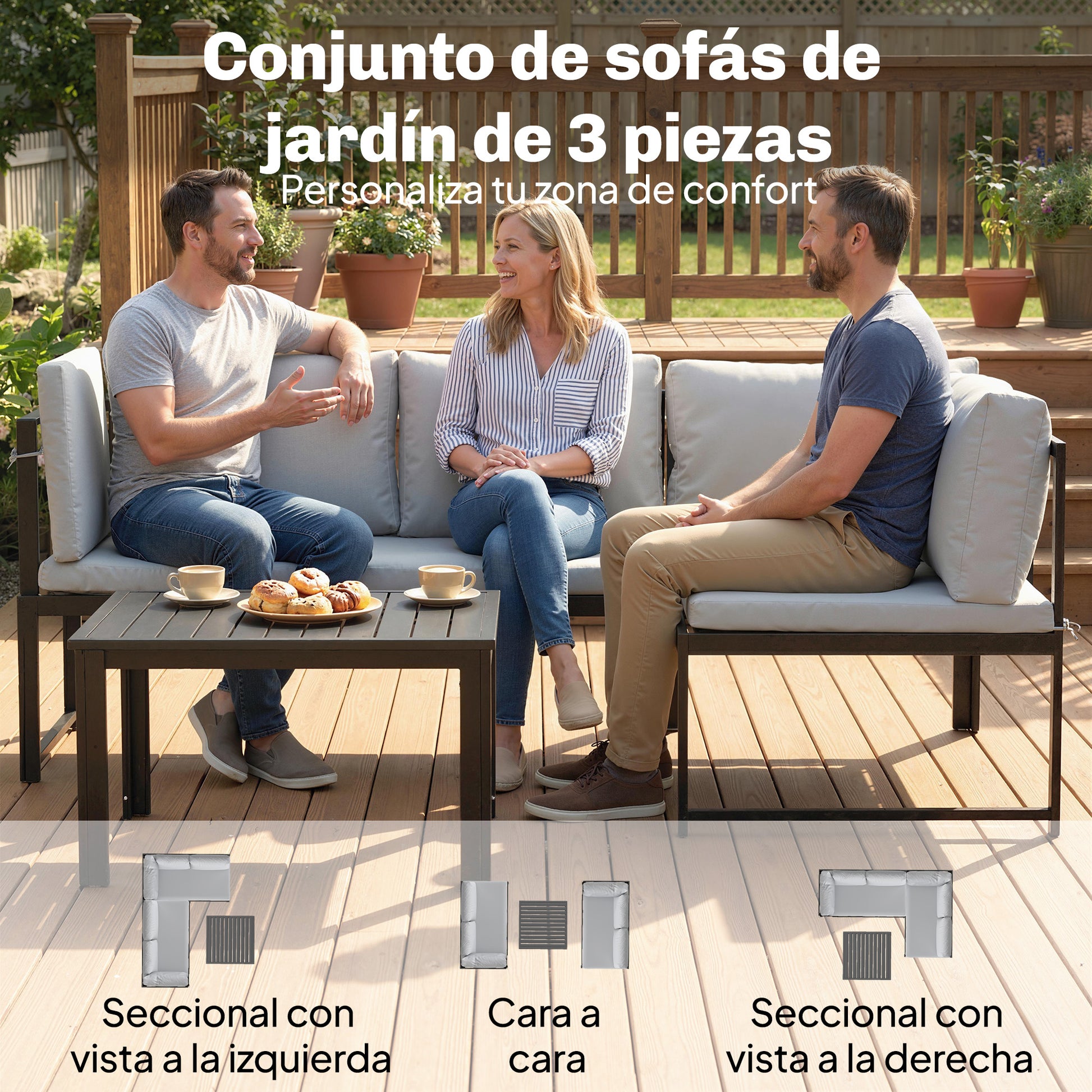 Outsunny Conjunto de Muebles Jardín Exterior de 3 Piezas, Sofá Exterior Seccional Resistente Forma de L con Cojines, 2 Sofás de 2 Plazas, Reposabrazos Ajustables y Mesa Centro de Listones, Gris