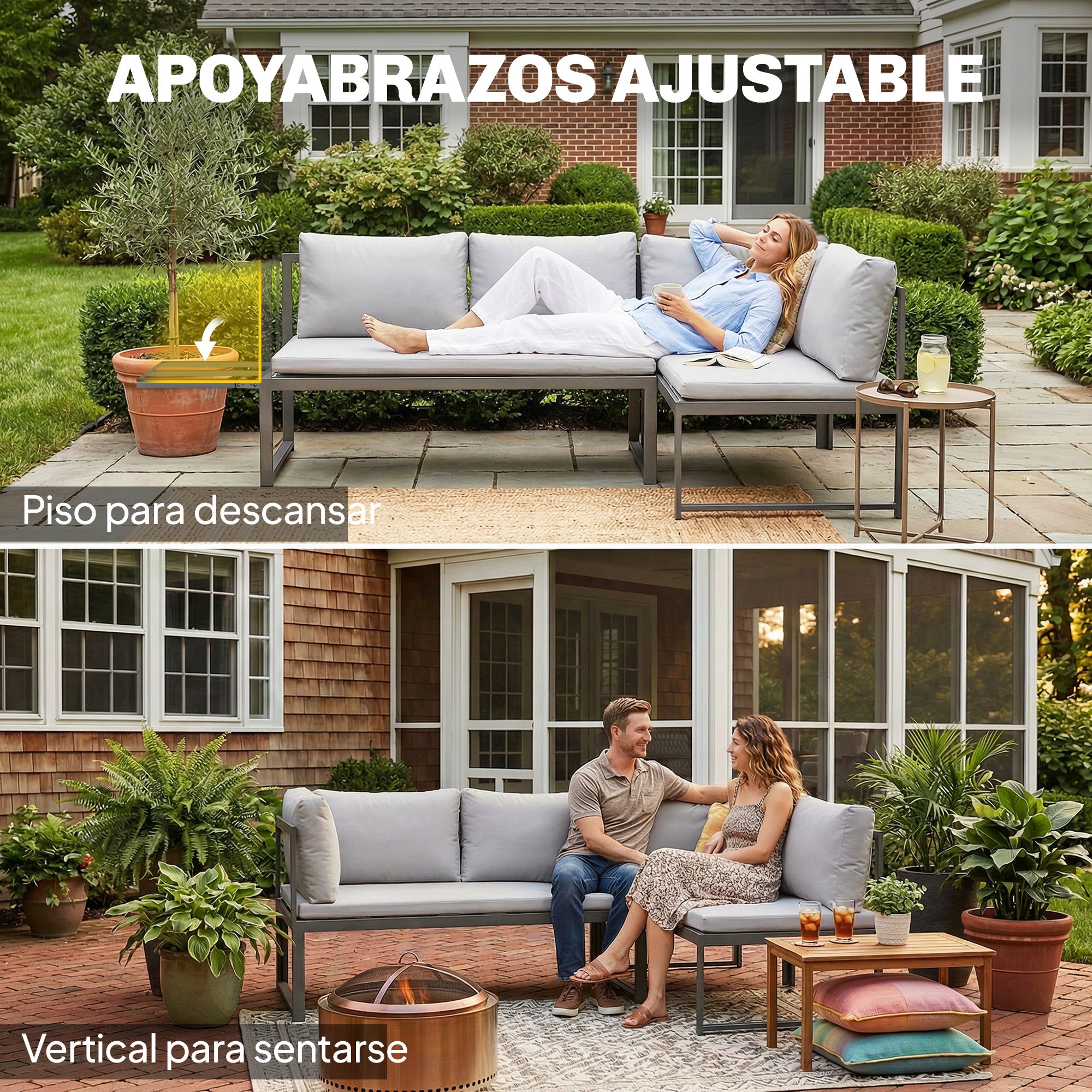 Outsunny Conjunto de Muebles Jardín Exterior de 3 Piezas, Sofá Exterior Seccional Resistente Forma de L con Cojines, 2 Sofás de 2 Plazas, Reposabrazos Ajustables y Mesa Centro de Listones, Gris