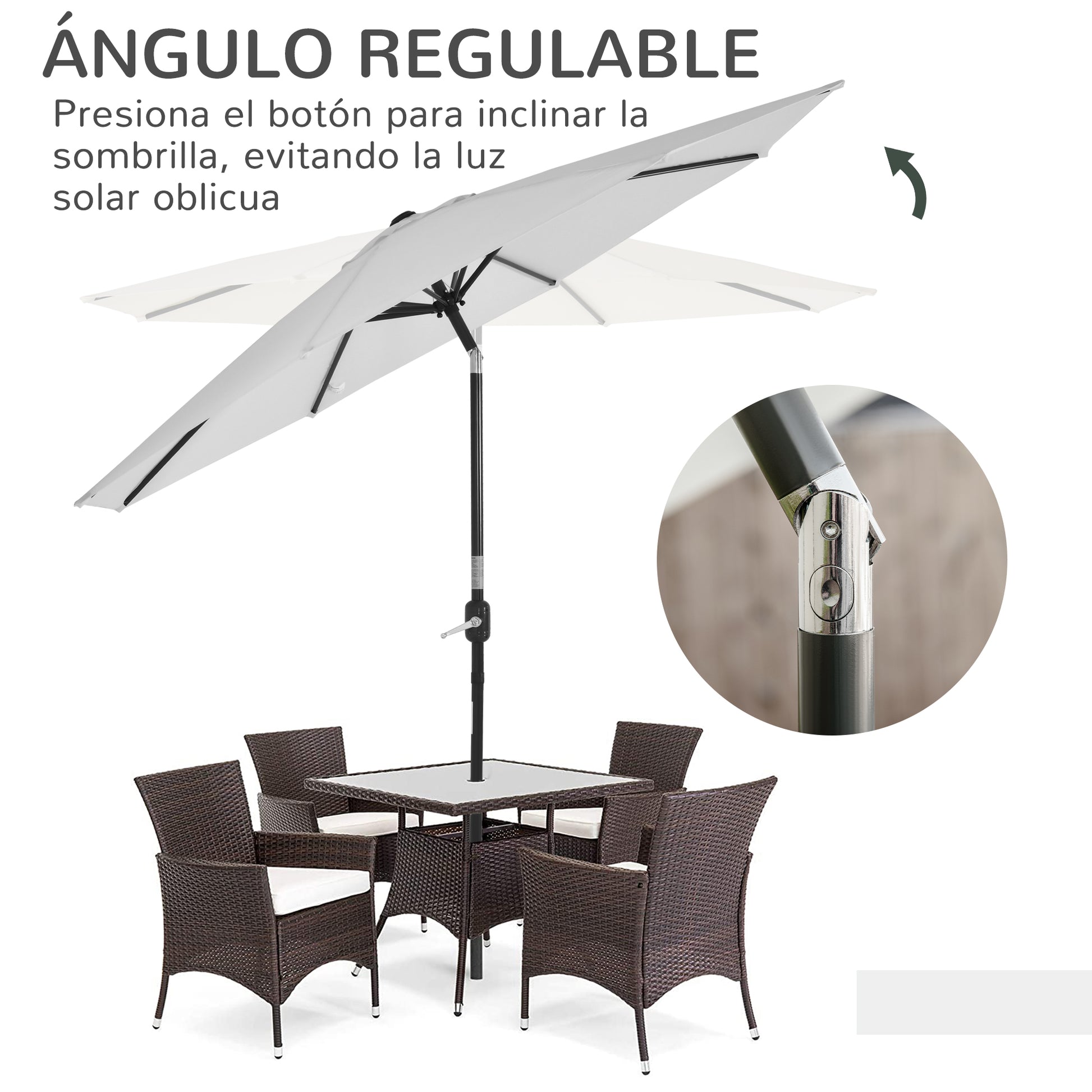 Outsunny Sombrilla de Jardín de Aluminio Ø264x253 cm Parasol de Jardín con Ángulo Ajustable Protección UV 50+ Manivela para Terraza Balcón Exterior Beige