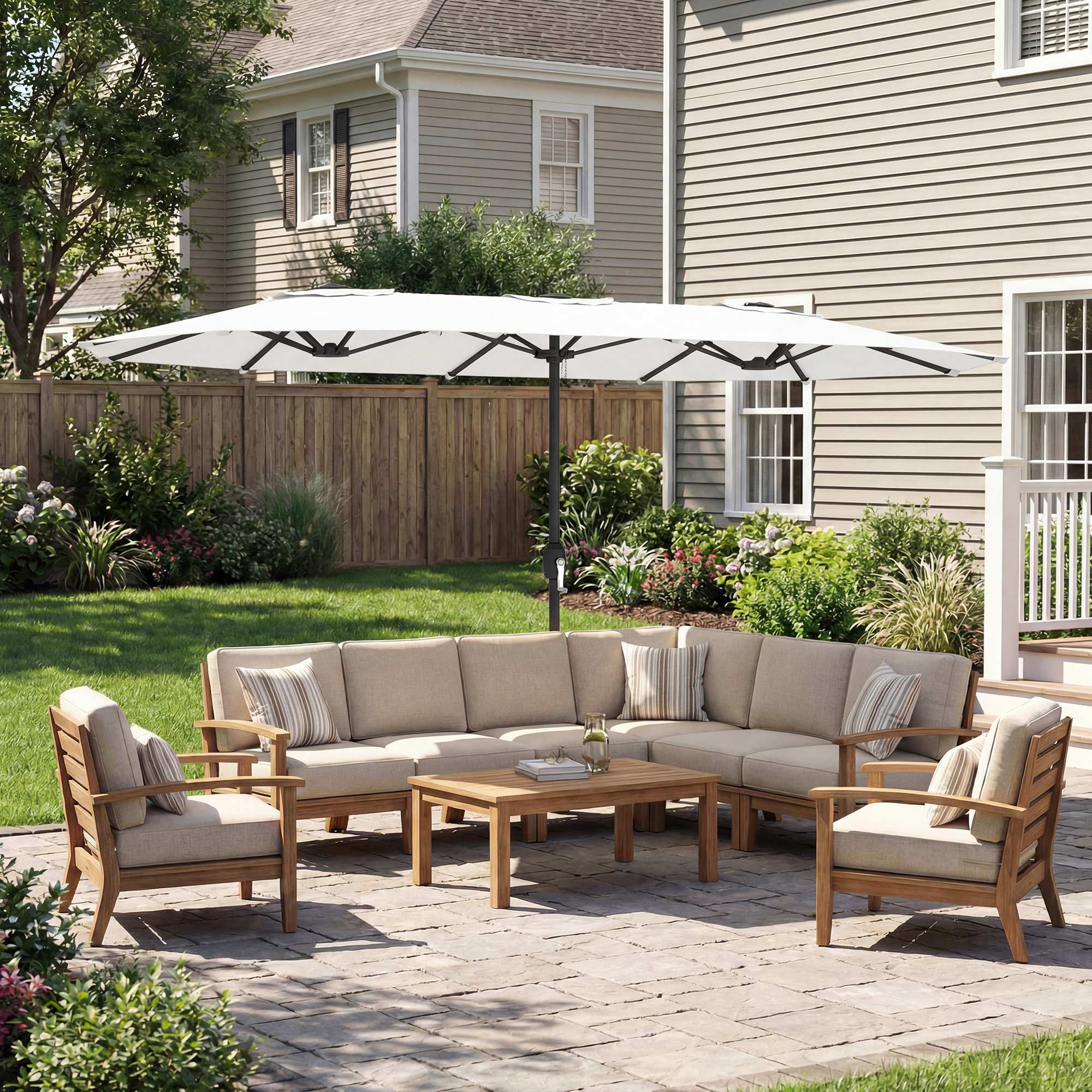 Outsunny Sombrilla Doble 4,6x2,6 m, Sombrilla Terraza Exterior con Manivela Manual, Protección UV50+, Funda Protectora, Resistente al Agua, Parasol para Jardín, Terraza, Patio, Blanco