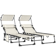 Outsunny Set de 2 Tumbonas Jardín Exterior, Tumbonas Plegables con Reposacabezas, Parasol y Bolsillo Lateral, Respaldo Reclinable 5 Posiciones y Asiento Malla Transpirable para Playa, Piscina, Crema