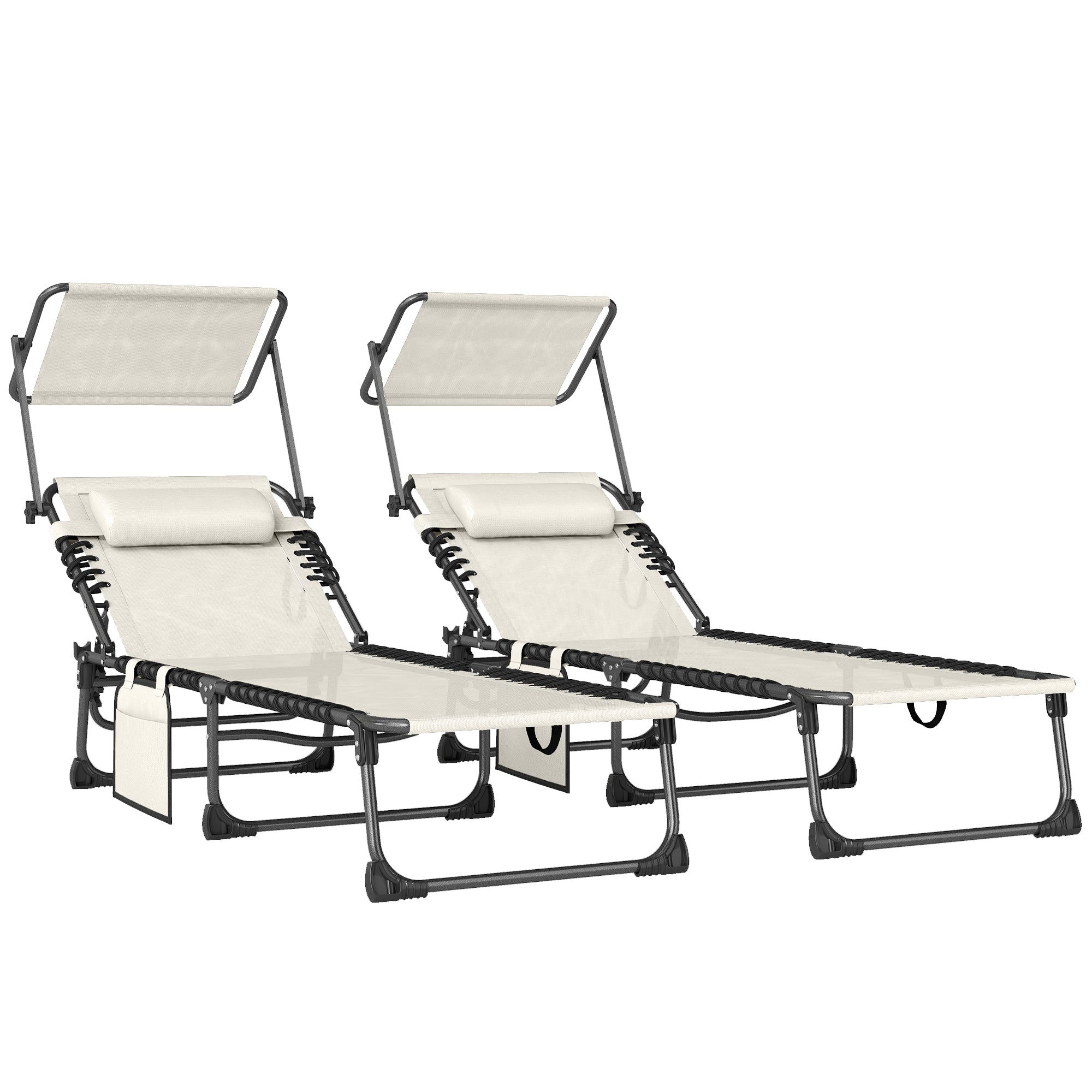Outsunny Set de 2 Tumbonas Jardín Exterior, Tumbonas Plegables con Reposacabezas, Parasol y Bolsillo Lateral, Respaldo Reclinable 5 Posiciones y Asiento Malla Transpirable para Playa, Piscina, Crema