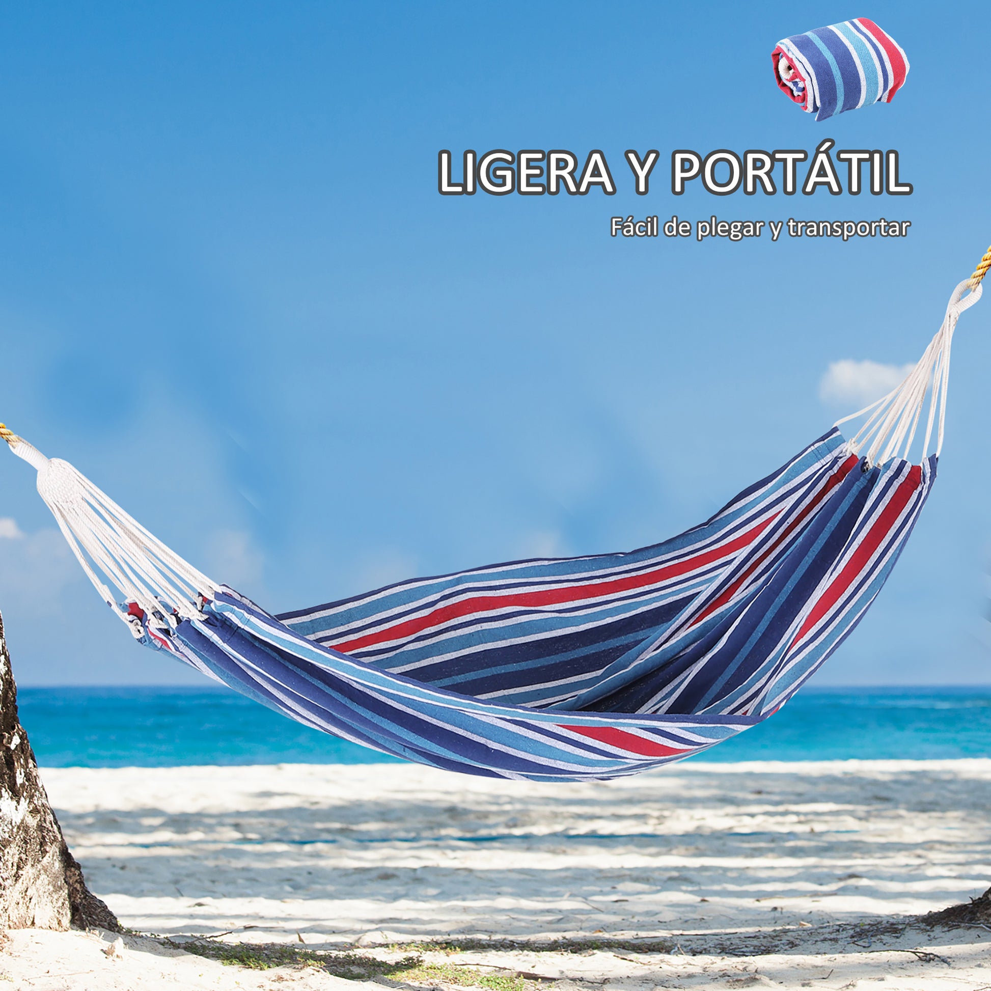 Outsunny Hamaca para Jardín 210x150 cm Hamaca Colgante Portátil Carga Máx. 180 kg para Acampar Piscina Camping Rayas Azul y Rojo