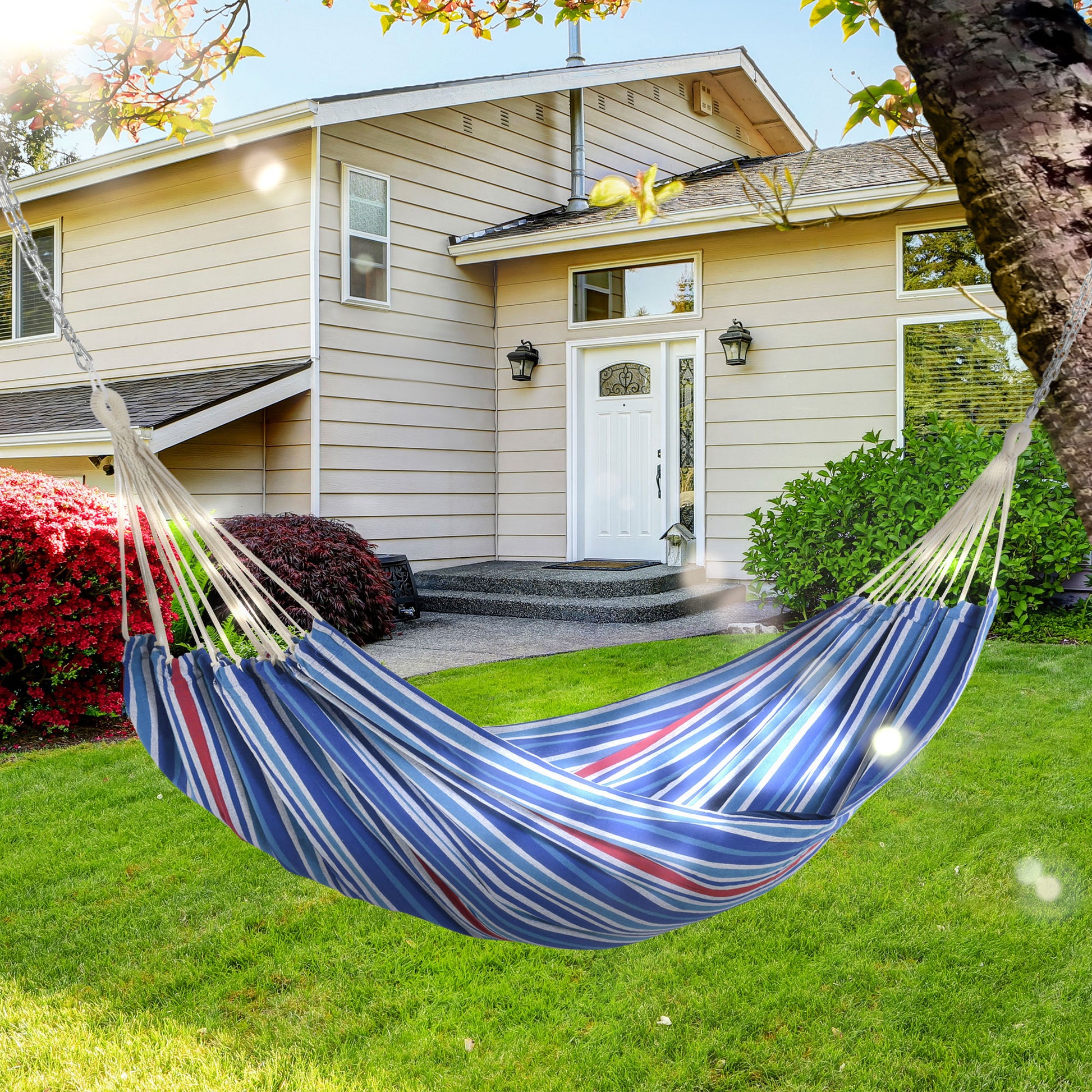 Outsunny Hamaca para Jardín 210x150 cm Hamaca Colgante Portátil Carga Máx. 180 kg para Acampar Piscina Camping Rayas Azul y Rojo