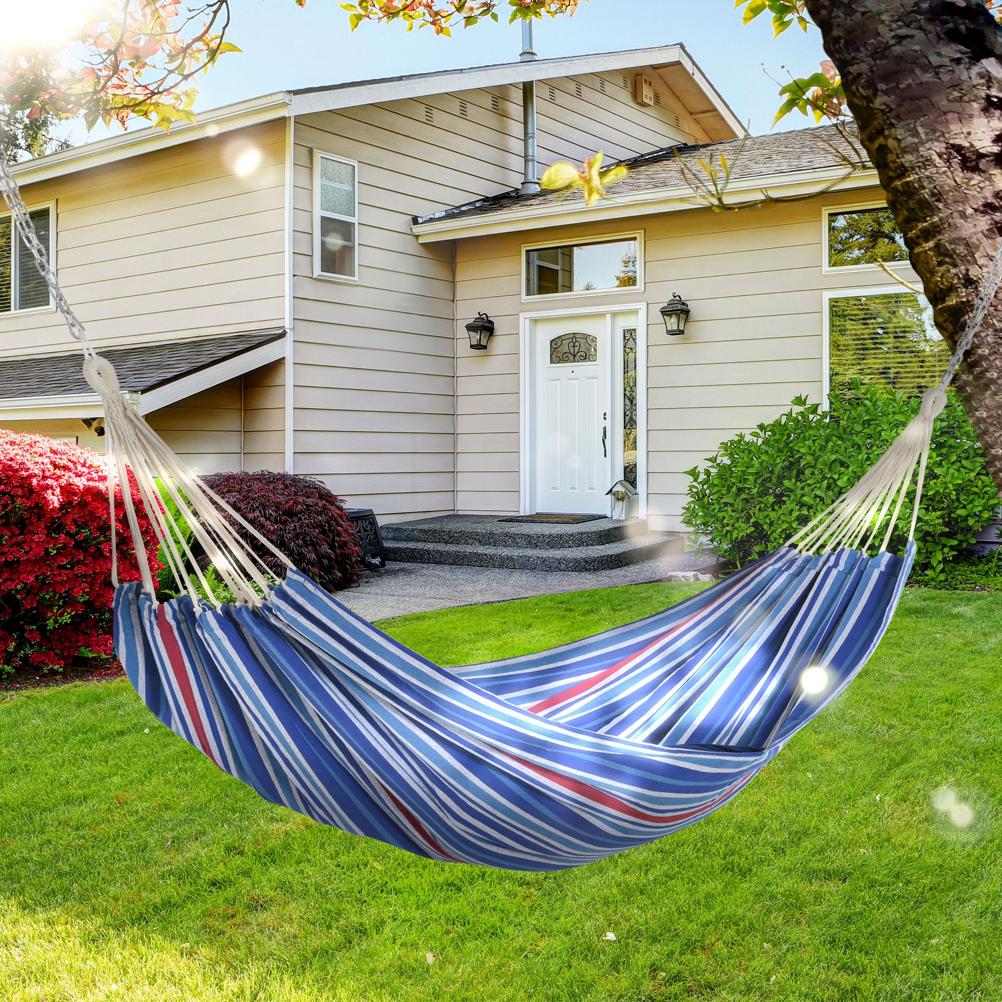 Outsunny Hamaca para Jardín 210x150 cm Hamaca Colgante Portátil Carga Máx. 180 kg para Acampar Piscina Camping Rayas Azul y Rojo