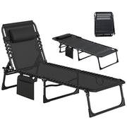Outsunny Tumbona Plegable, Tumbona Jardín Exterior Reclinable 5 Posiciones, con Reposacabezas Acolchado, Bolsillo Lateral y Estructura de Acero, para Terraza, Piscina, 189x58x30 cm, Negro