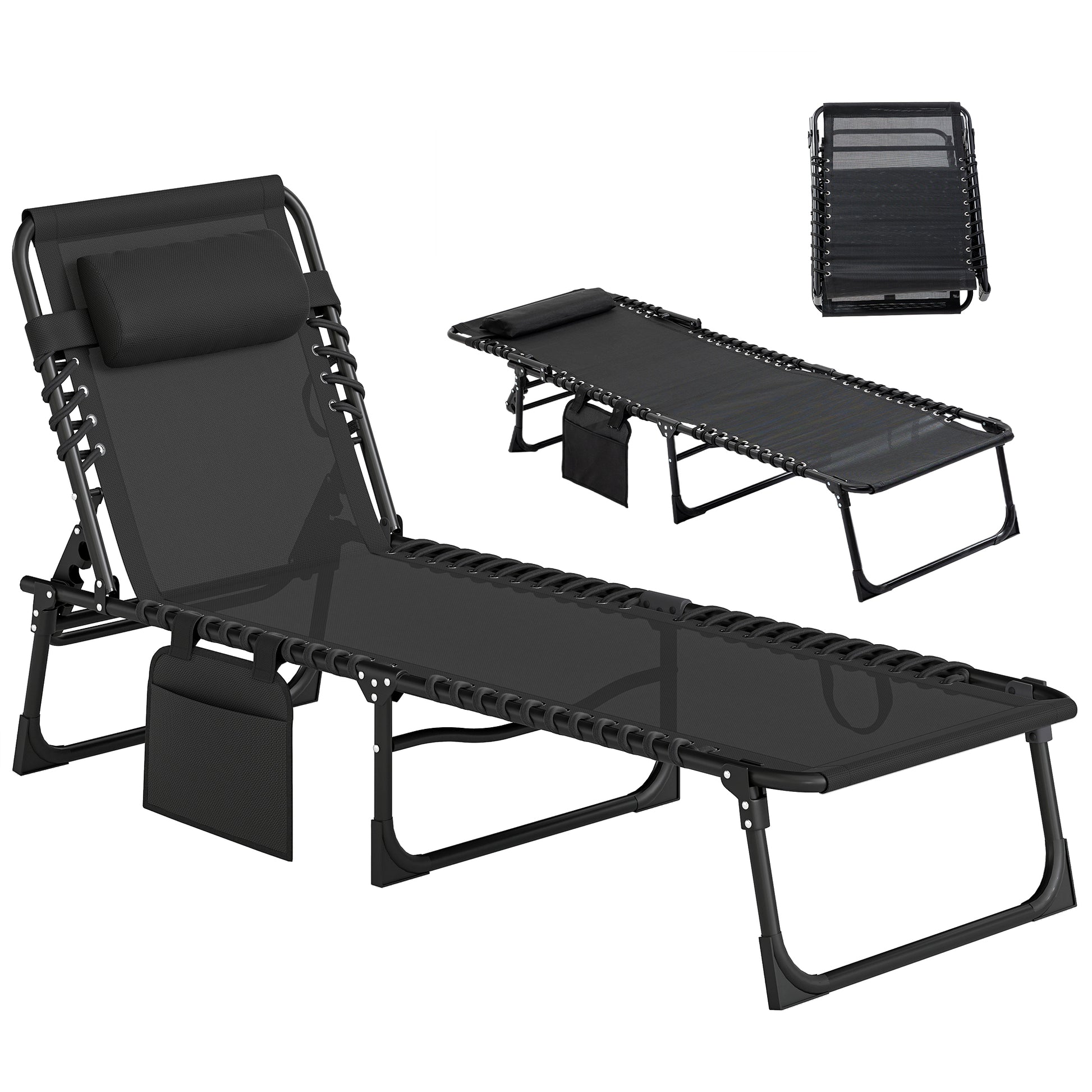 Outsunny Tumbona Plegable, Tumbona Jardín Exterior Reclinable 5 Posiciones, con Reposacabezas Acolchado, Bolsillo Lateral y Estructura de Acero, para Terraza, Piscina, 189x58x30 cm, Negro