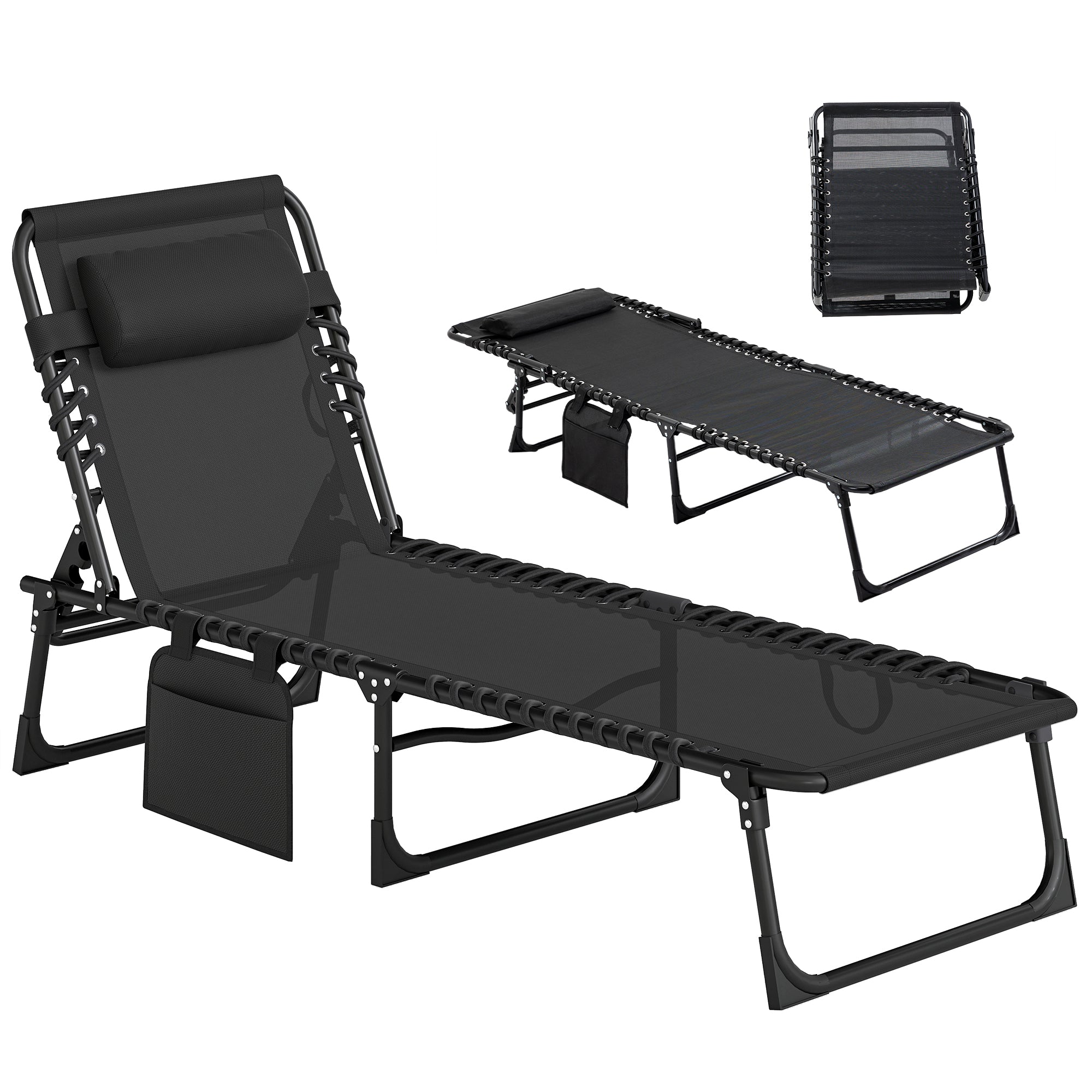 Outsunny Tumbona Plegable, Tumbona Jardín Exterior Reclinable 5 Posiciones, con Reposacabezas Acolchado, Bolsillo Lateral y Estructura de Acero, para Terraza, Piscina, 189x58x30 cm, Negro