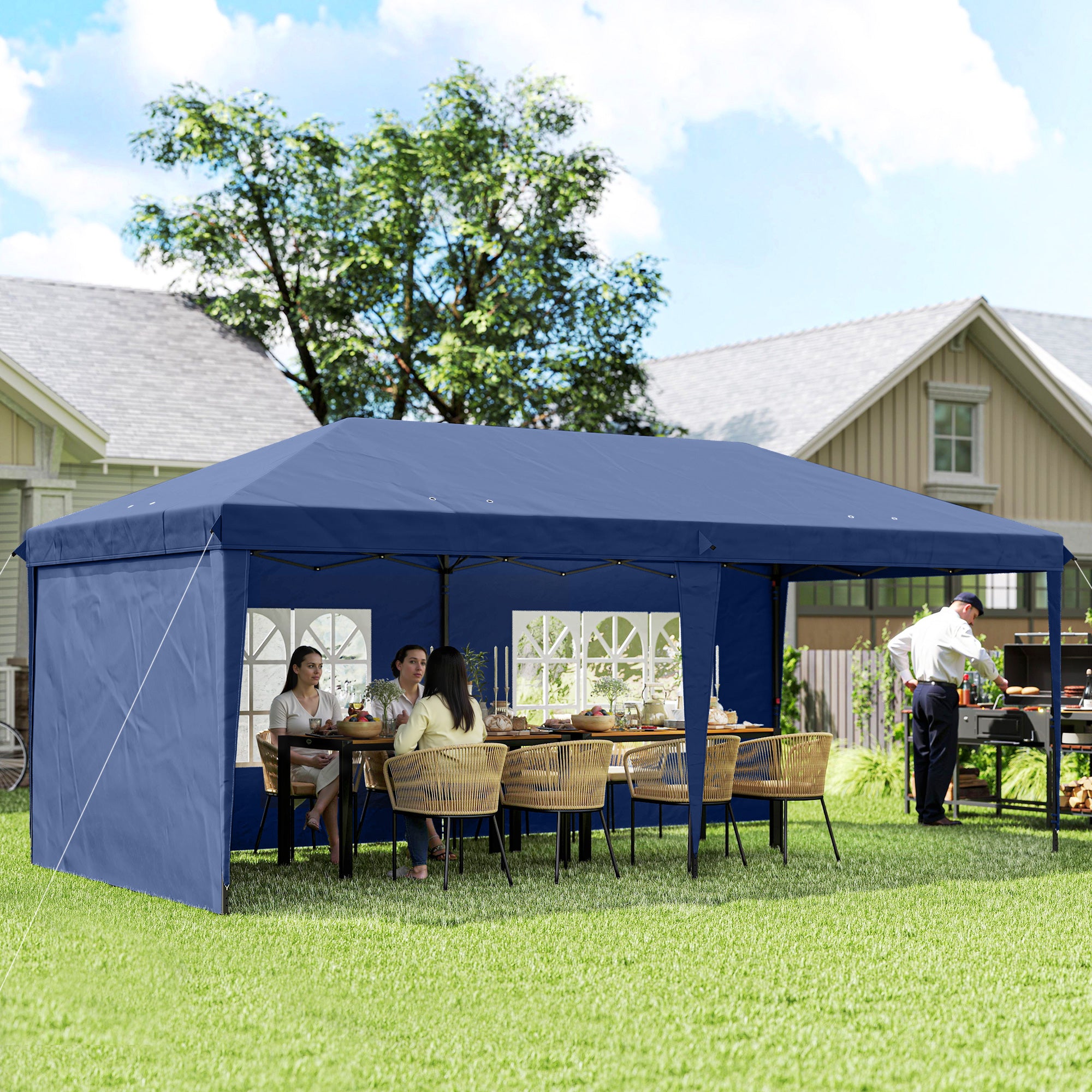 Outsunny Carpa Plegable 6x3 m, Pop-up, con 4 Laterales Desmontables, Cenador de Jardín con 2 Ventanas Visibles, Bolsa de Transporte, Impermeable, Anti-UV, Gazebo para Camping, Fiestas, Exterior, Azul